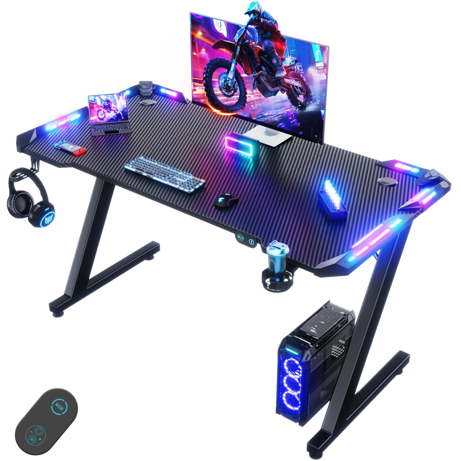Devoko Bureau Gaming LED 120×60cm,Contrôleur Touché de Lumière par USB, Plusieurs Modes de Changement de lumière,Porte-gobelet et Crochet pour Casque, Bureau Gamer Informatique Ergonomique, Noir