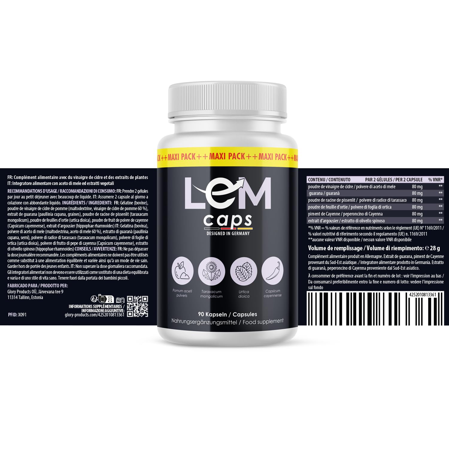 Lean Caps | au vinaigre de cidre et aux extraits de plantes | pour hommes et femmes | 90 capsules par boîte