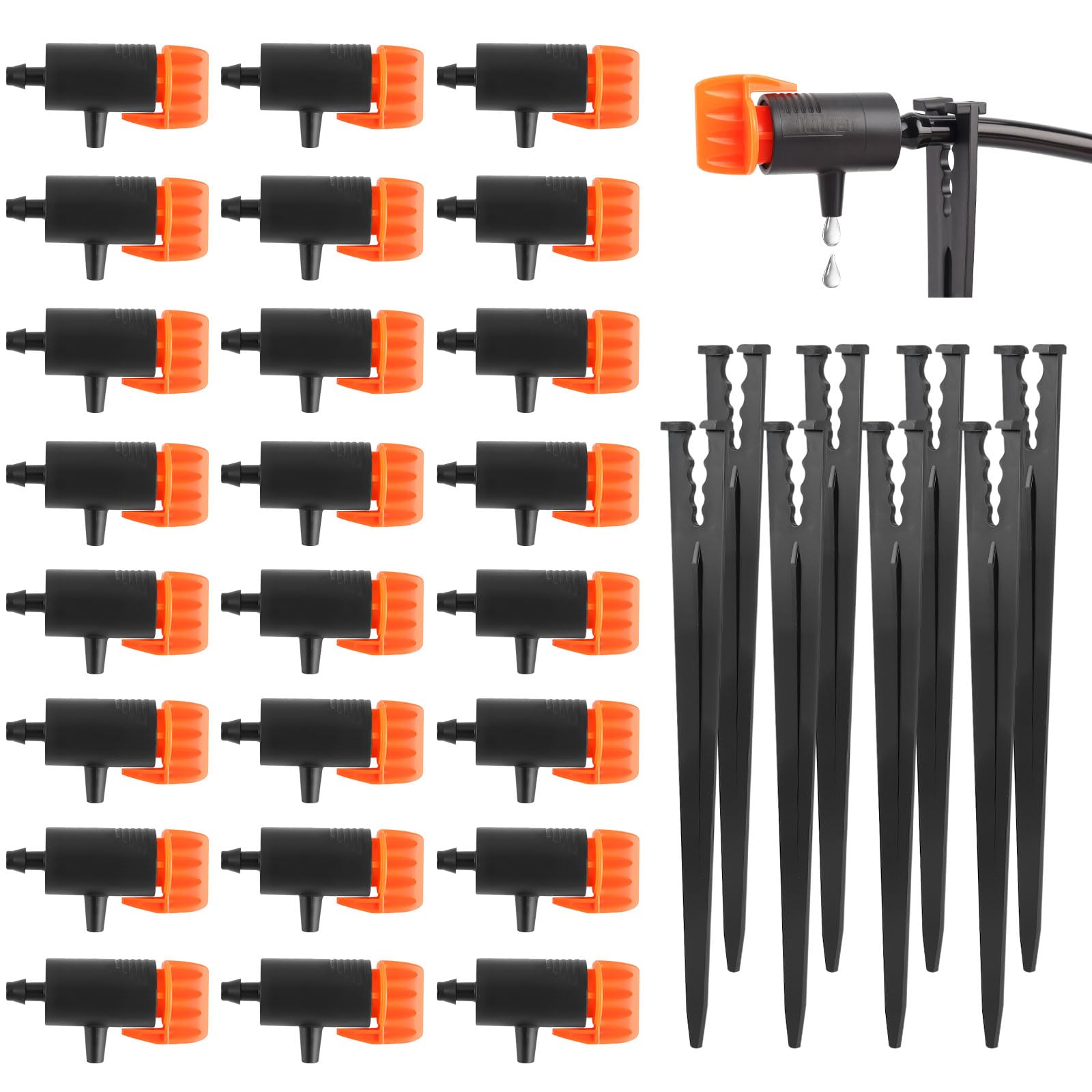 Kalolary 30 Pcs Adjustable Water Flow Irrigation Dripper with 30Pcs Support Stakes, Drip Irrigation Emitters System Fit for 1/4 inch Hose for Garden Lawn Plants Succulents Flower Irrigation