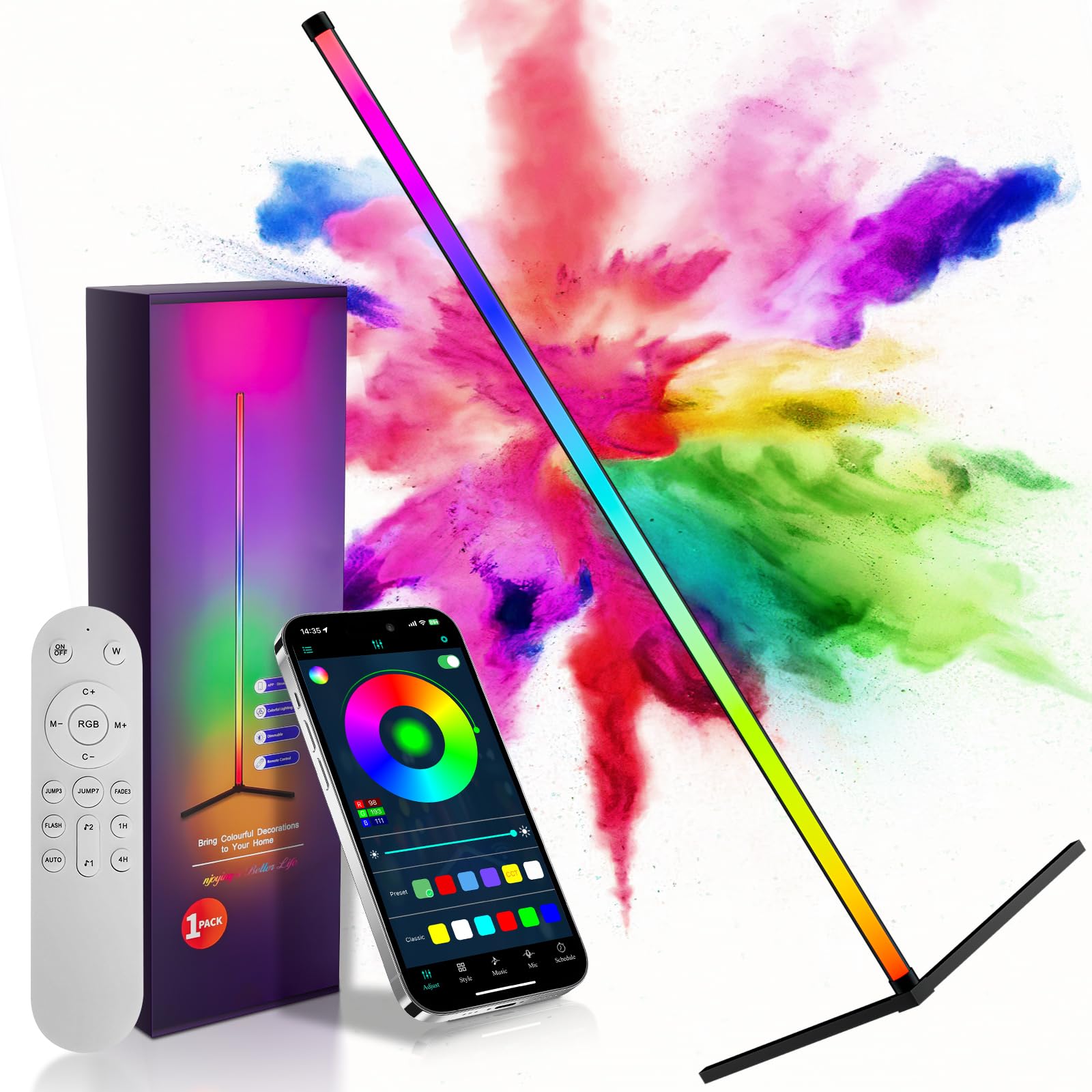 Lámpara de Pie LED RGBIC, Lámpara de Pie de 157 cm Regulable con Mando a Distancia por Infrarrojos, Control APP Inteligente, 16 Millones de Colores y 300 Modos de Escena para Salón, Dormitorio y Escal