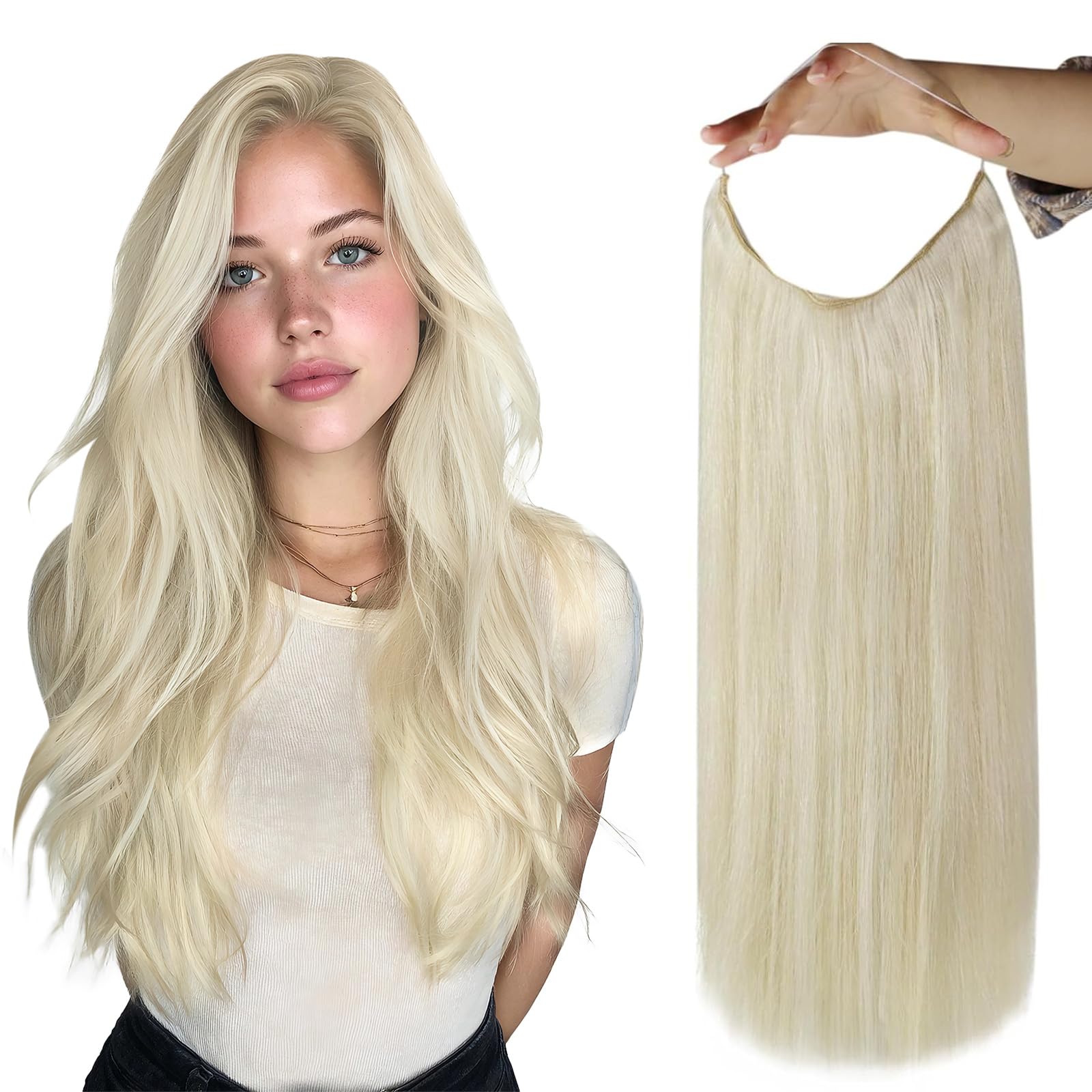 Fshine Invisible Wire Hair Extensions 18 Inch 86 G White Blonde Transparent Fish Line Hair Extensions Secret Hairpiece with Removable Clips Natural