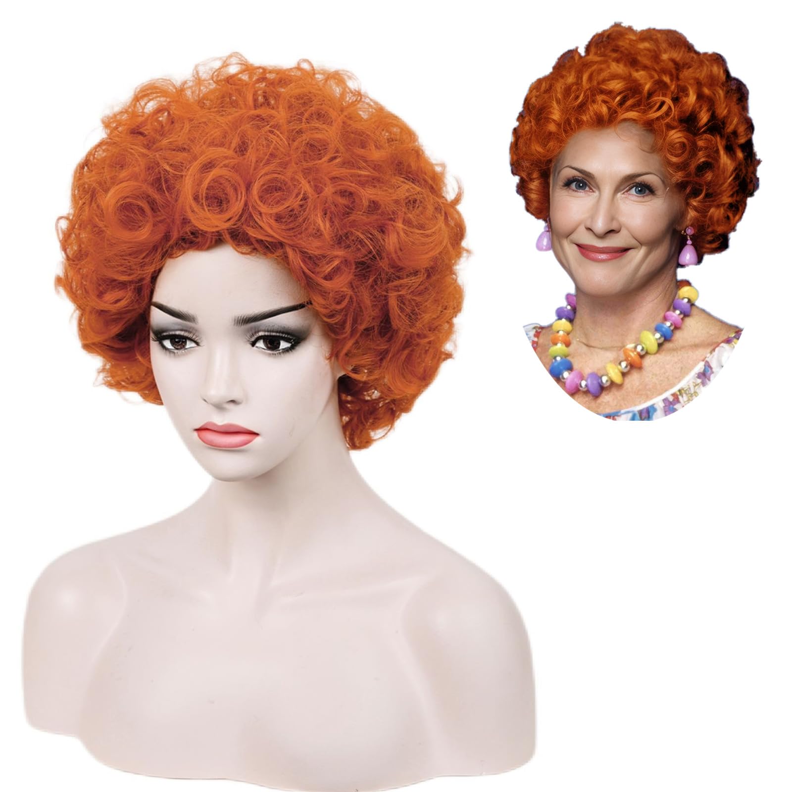 AicosShort Red Orange Curly Costume Wig for Women Landlady Fun Themed Curly Wig for Halloween Party + Wig Cap