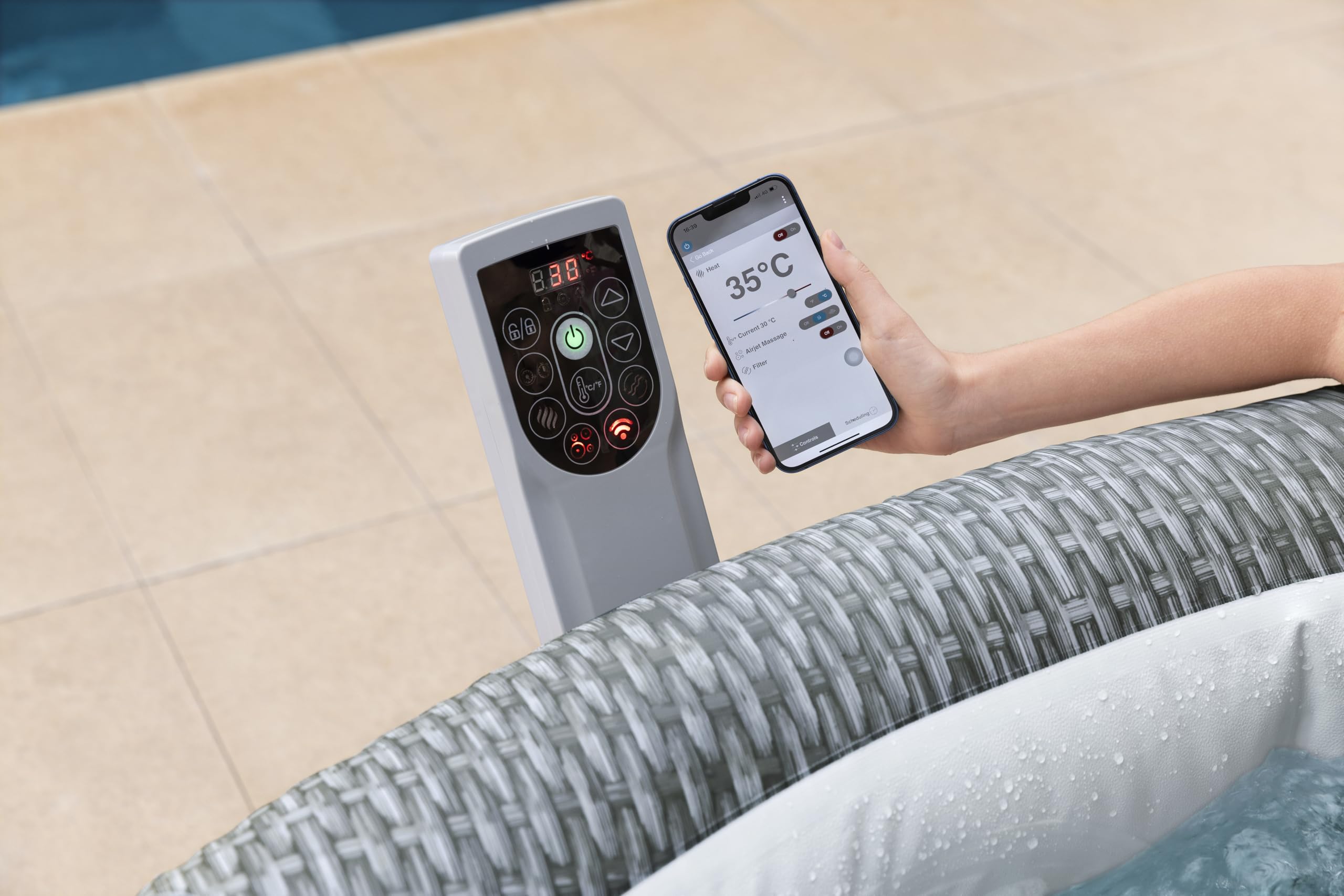 Bestway Lay-Z-SPA Energiespar-Whirlpool Bali AirJet, Ø196x71cm, 6 Personen, Heizung, Frostwächter, 140 AirJet-Düsen, App-Steuerung, UltraFit-Pumpeneinheit, Thermo-Abdeckung, Rattan, GS-Zertifiziert