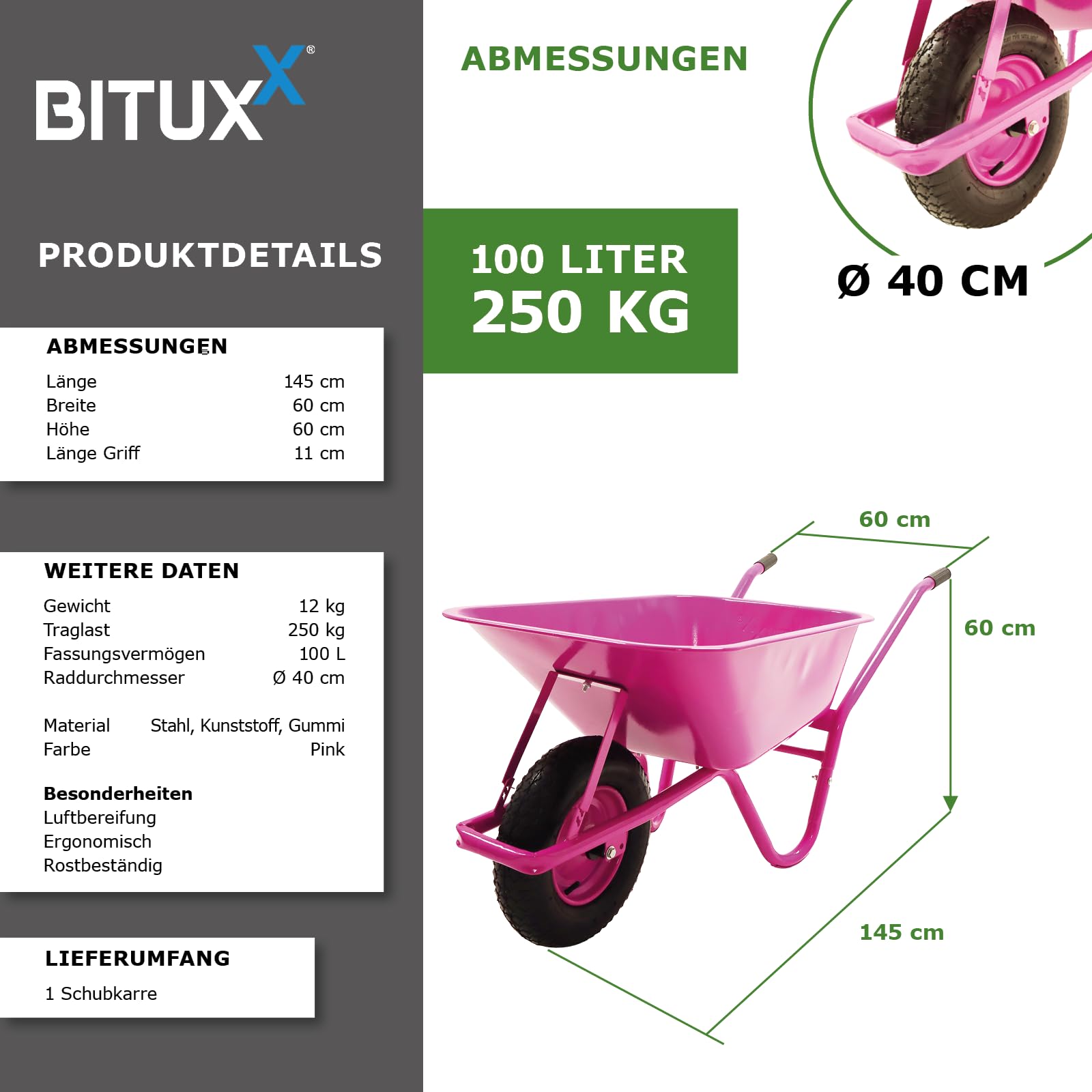 BITUXX® Schubkarre 100L Schubkarren Schiebkarre Bauschubkarre Verzinkt mit Luftreifen und Nadelgelagerter Achse bis 250kg Pink
