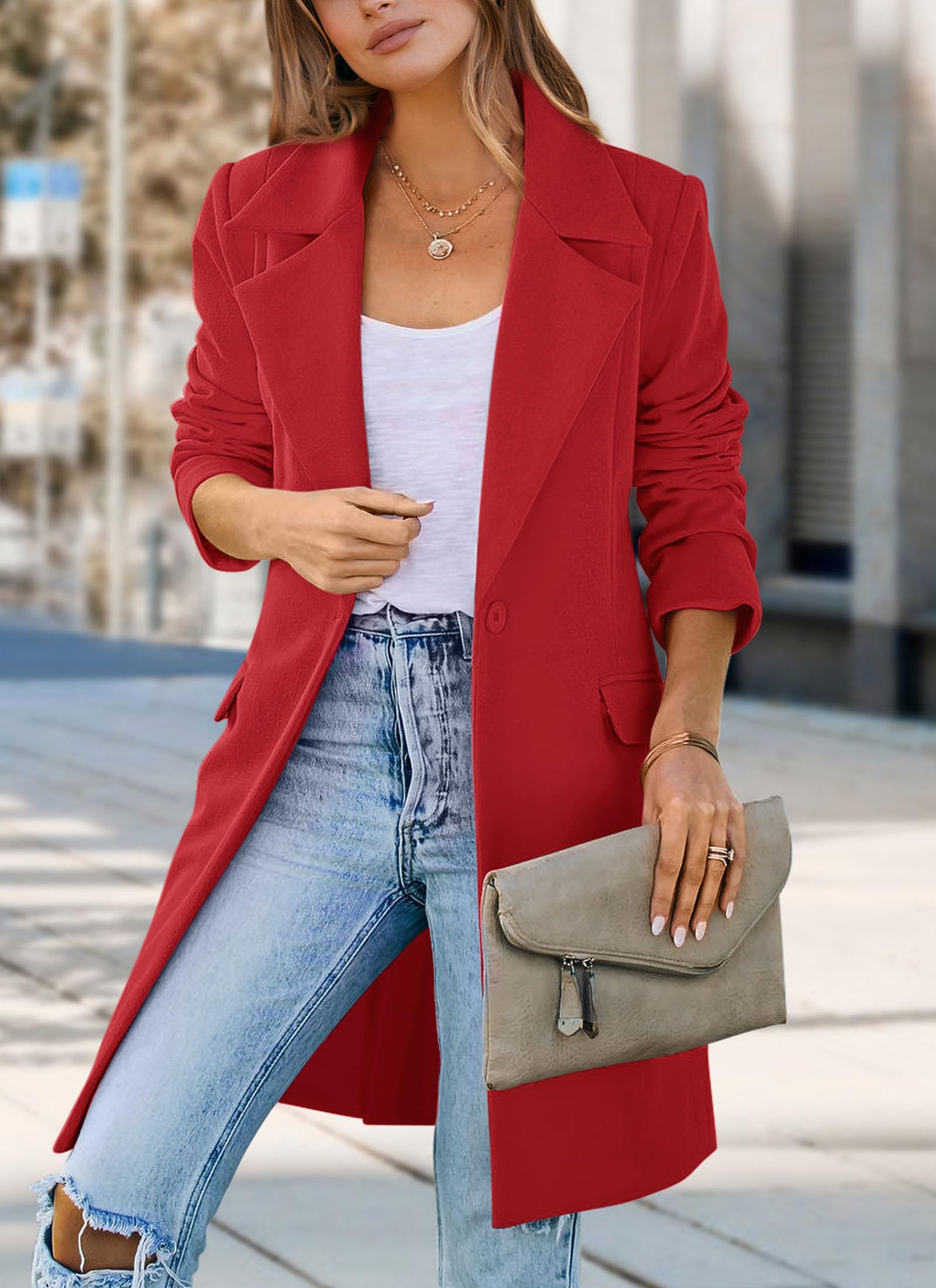 PRETTYGARDEN Women's Business Casual Long Blazer Jackets(Red,S) view 5