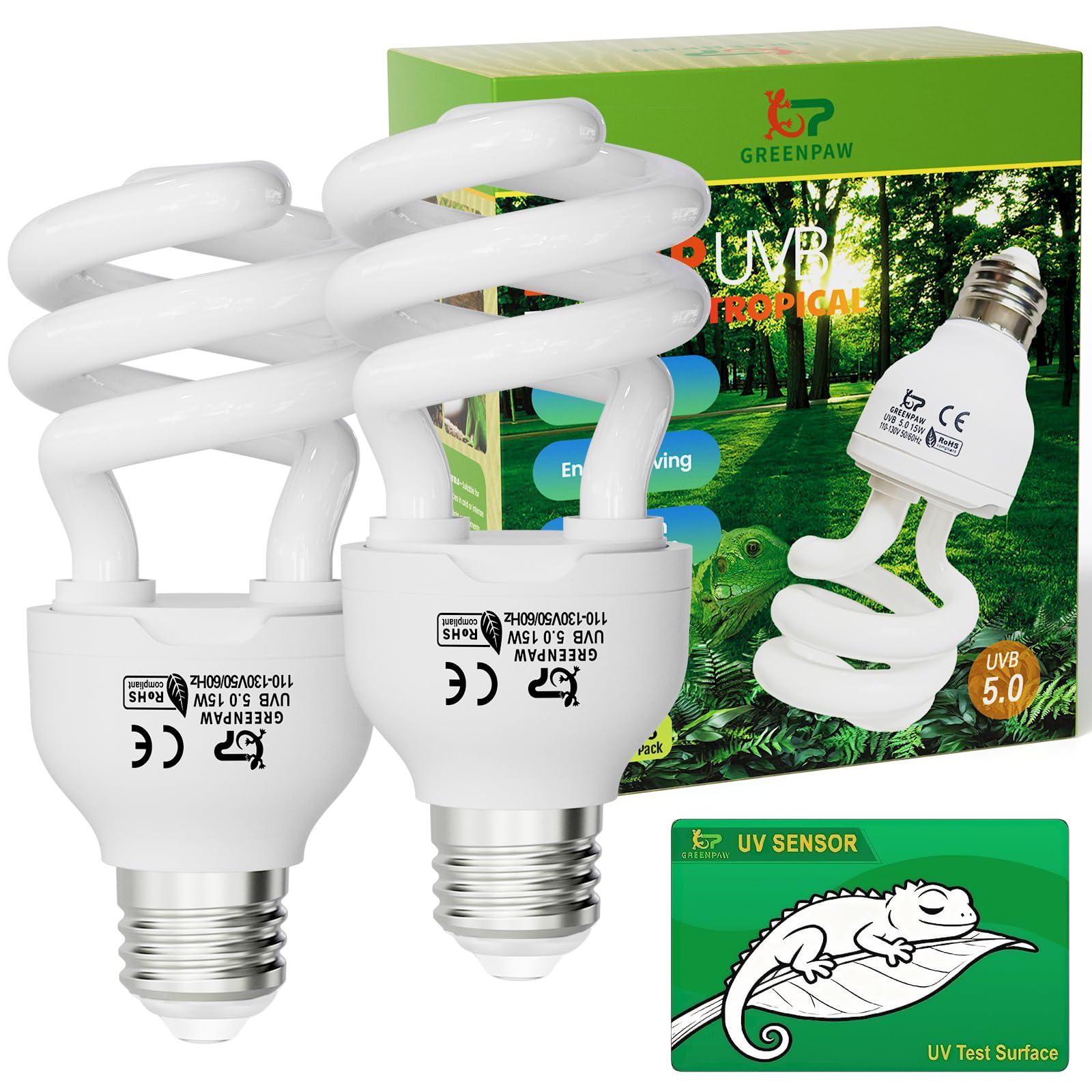 uvb light for reptiles 5.0: 15w uva uvb reptile light bulb 2 pack, tropical reptile uvb bulb compact fluorescent terrarium lamp,uvb light bulb for chameleon turtle gecko include uv sensor card
