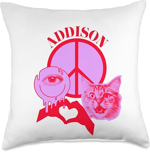 Miniatura 1 de Addison Name Personalized Peace and Karma Co. Personalized Addison First Name I Love Retro Cat Mom Throw Pillow, 18x18, Multicolor