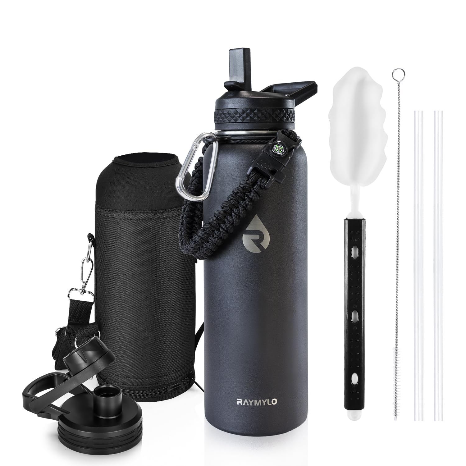 RAYMYLO Insulated Water Bottle 40 oz, Triple Wall Vacuum Stainless Steel (Cold for 48 Hrs), Leak Proof & BPA-Free, Modern Water Flask Jug with Paracord Handle & Straw Spout Lids, Magic Black