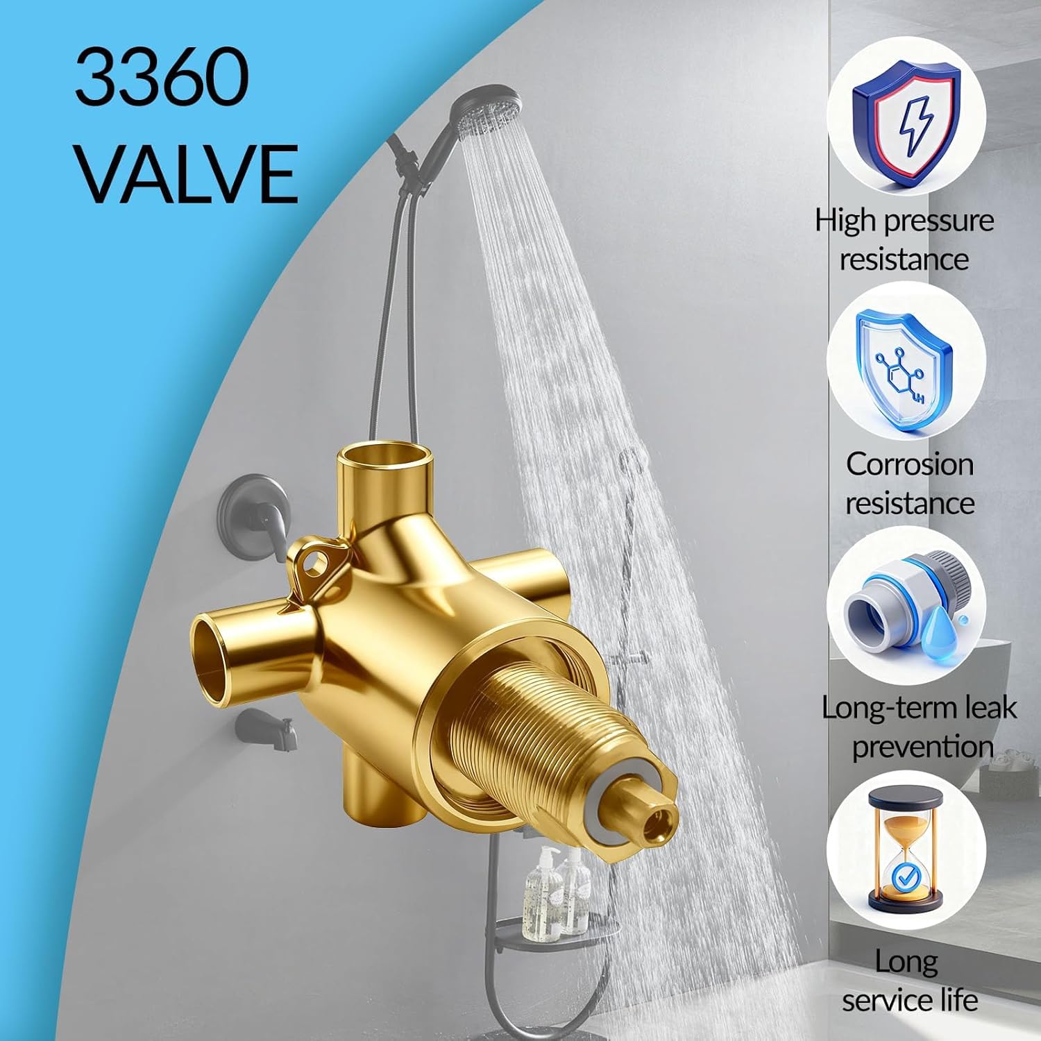 Commercial 3-Way Shower Diverter Valve, Solid Brass Shower Transfer Valve Replacement Part for Moen M-Pact Common Valve System, Standard 1/2 Inch Connection, Model 3360