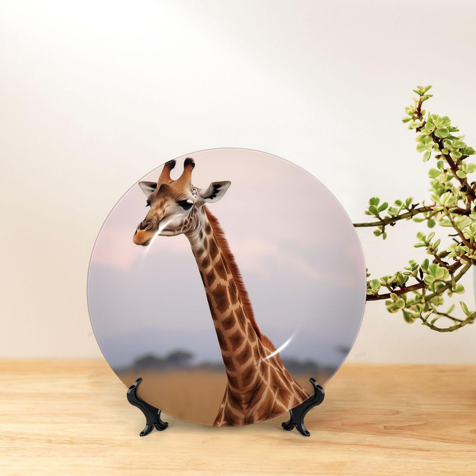 Graceful Giraffe Bone China Decorative Plate, Chinese Style Decorative Dish with Display Stand, Ceramic Ornament Art Crafts Porcelain Plate for Living Room Hallway Table Decor