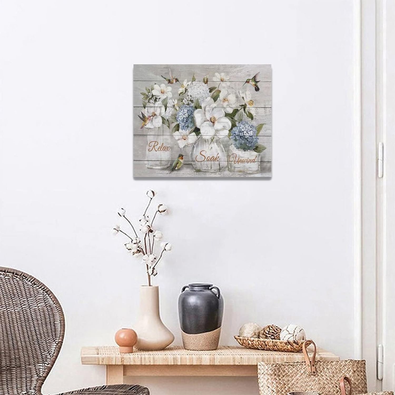 Farmhouse Flower Bathroom Decor Wall Art Rustic Hummingbird White Floral Pictures Wall Decor Relax Soak Unwind Bathroom Sign Canvas Painting Prints Artwork Home Decorations Framed for Bedroom 20"x16"