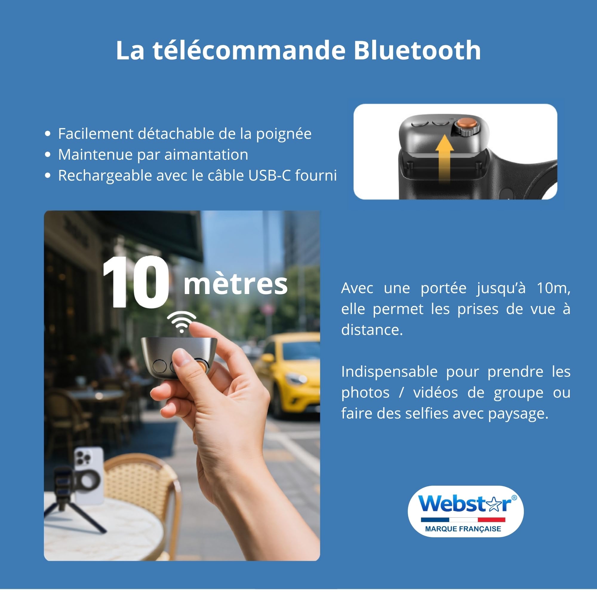 Webstar Tech® Poignée magnétique Bluetooth Smartphone | Support Vlog & Selfies | Grip stabilisateur avec télécommande détachable | Photos et vidéos avec Une Seule Main | Iphone & Android