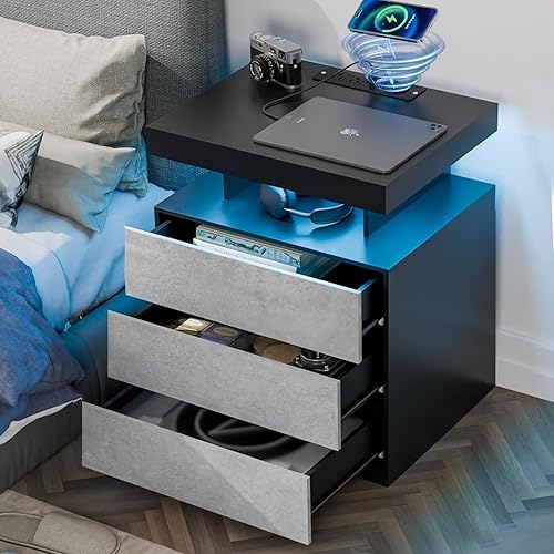 Miniatura 11 de HOMMPA - Mesita de noche LED con estación de carga inalámbrica y puertos USB, mesa de noche moderna, mesita de noche de 3 cajones con compartimento