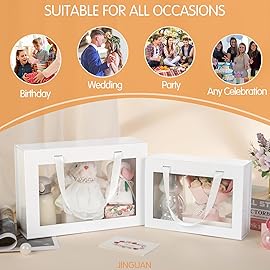 JINGUAN Large White Clear Gift Box, 13.5x9x4.1 Inches Gift Box with Window by Handle, Bridesmaid Proposal Box, Collapsible Gift Boxes with Magnetic Closure (Glossy White, 1 Pack)