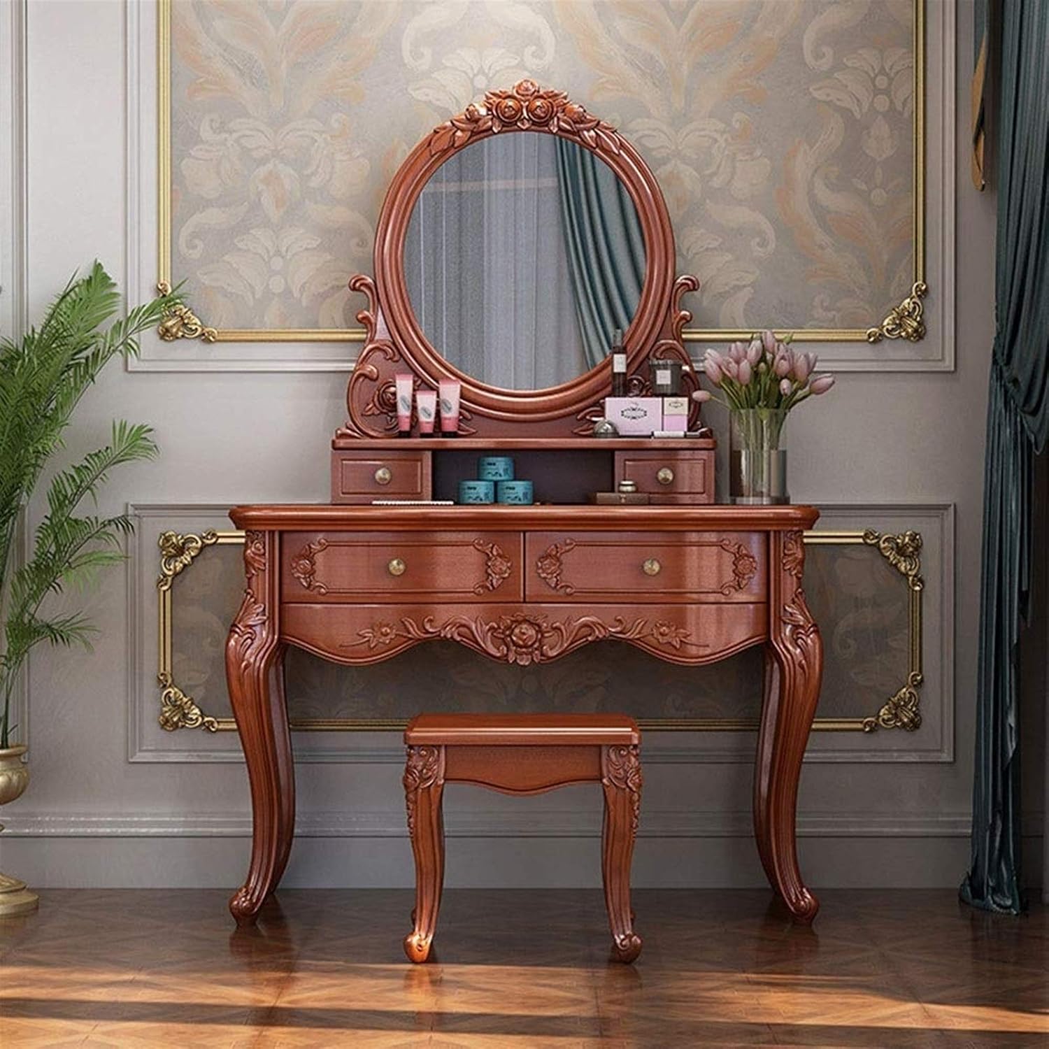 Vanity Dressing Table with Mirror and Stool Oval Makeup Mirror Classic Style Delicate Carved Cushioned Benches Wood Legs Vanity Tables with Divided Drawers (Color : Brown) (White)