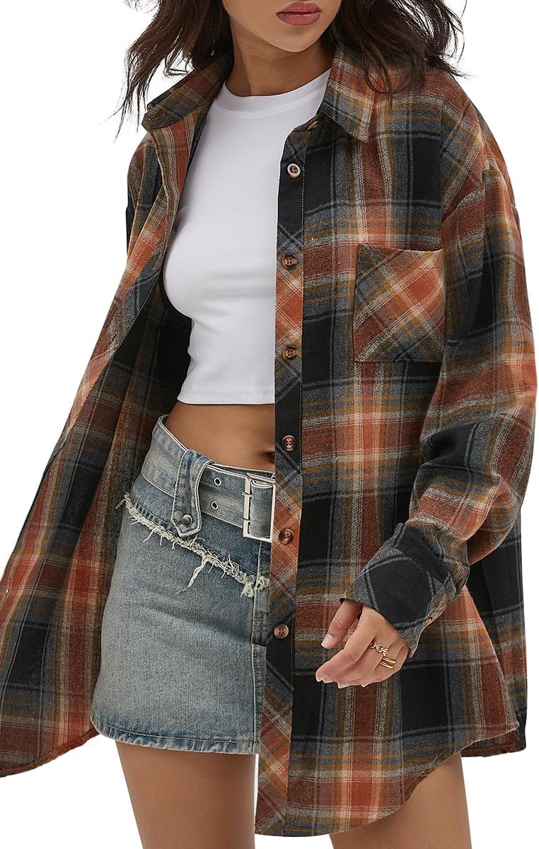 CHYRII Womens Button Down Flannel Shirts Long Sleeve Plaid Shackets Business Casual Blouse Top - Image 2