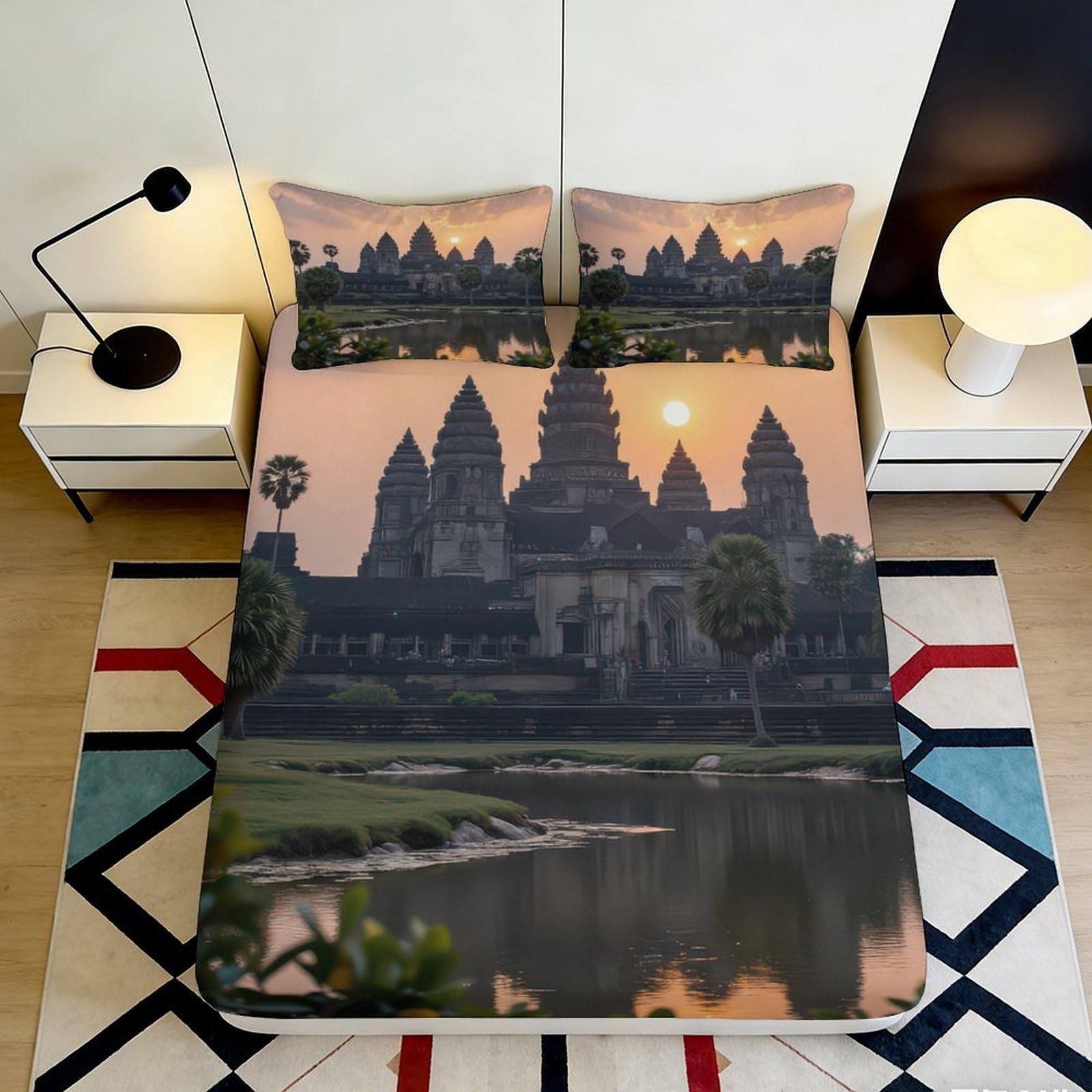 3D Printed Angkor Wat Sunrise Fitted Sheet Microfiber Soft Breathable Temple Silhouette Mattress Cover Bedroom Decor 90x200x25cm