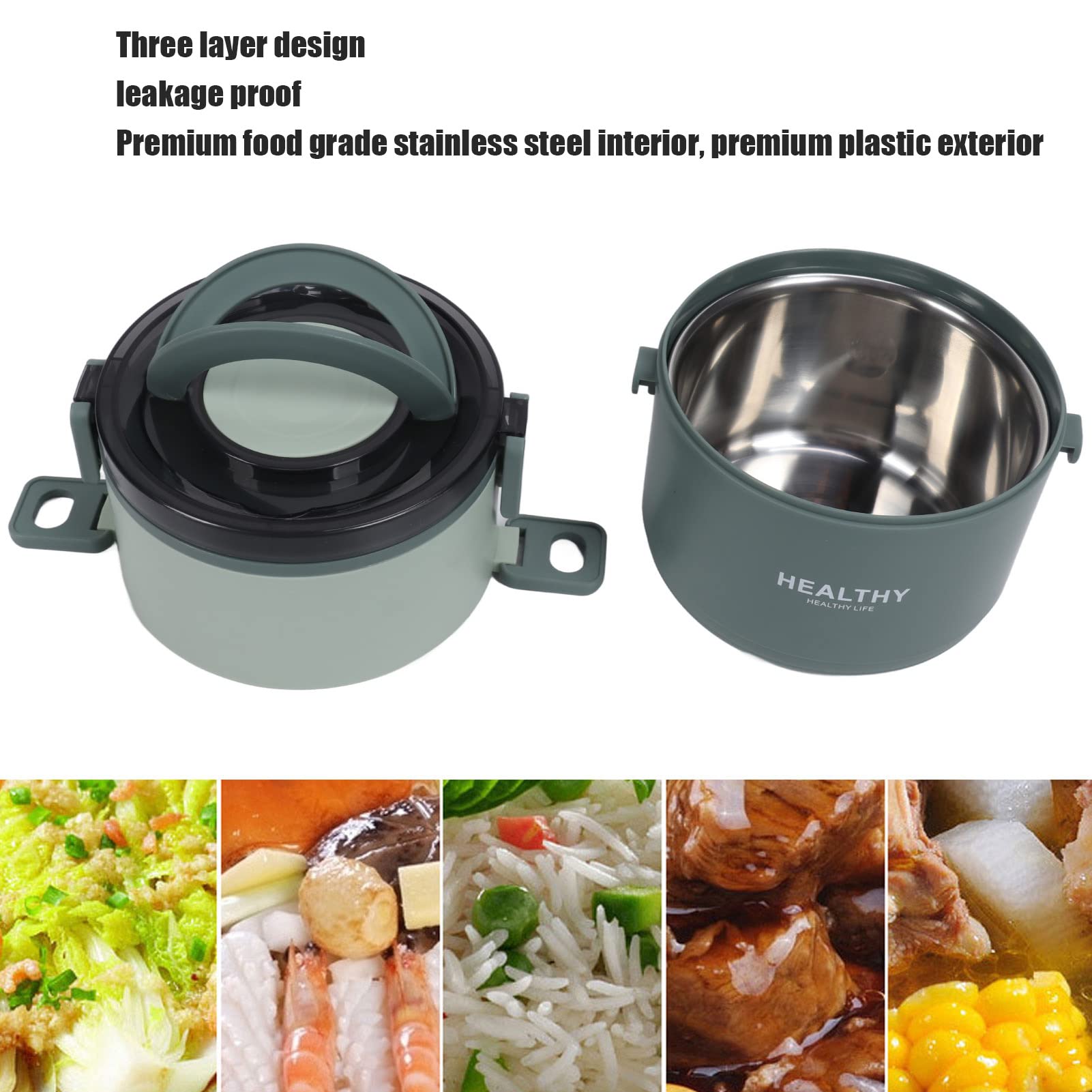 flexman Thermal Lunch Box, Three Layer Stackable Stainless Steel Interior Compartment Lunch Box, 2200ml Portable Adult Lunch Box with Fork Spoon for Travel Office (Bean Paste Green)