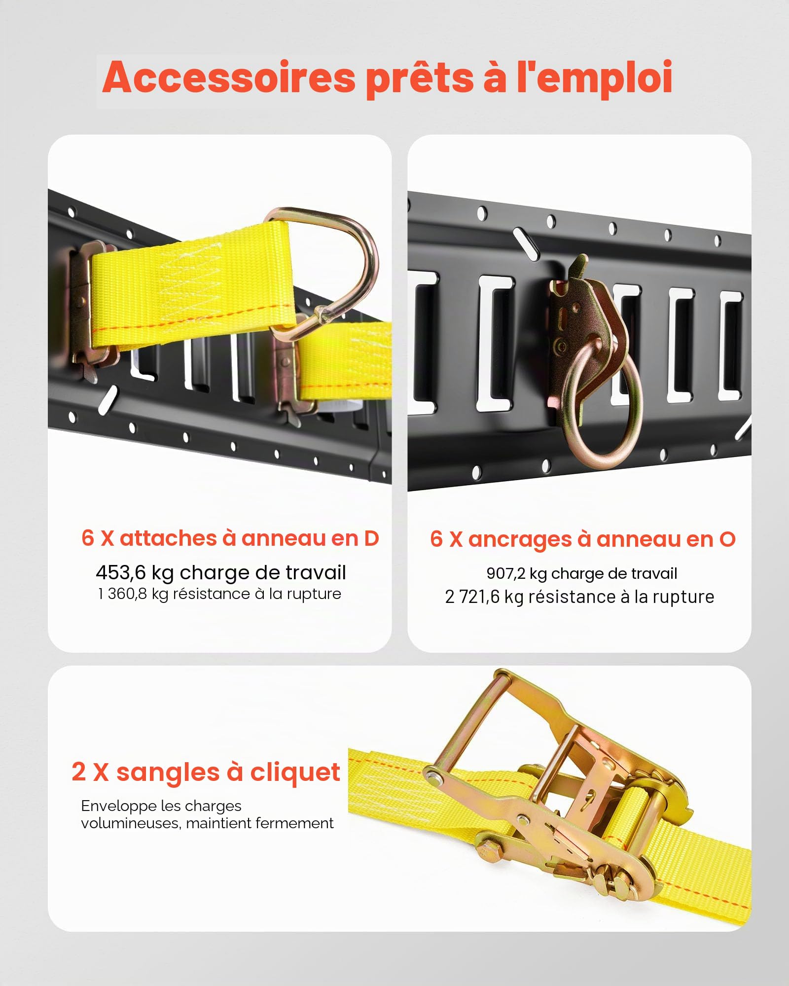 VEVOR Kit Rails Arrimage E-Track, 6 Rails E Track de 1,5 m, 26 Accessoires Comprenant 2 Sangles à Cliquet, 6 Joints Toriques, 6 Attaches avec Anneau en D, 12 Embouts, pour Fourgons Remorques Garages