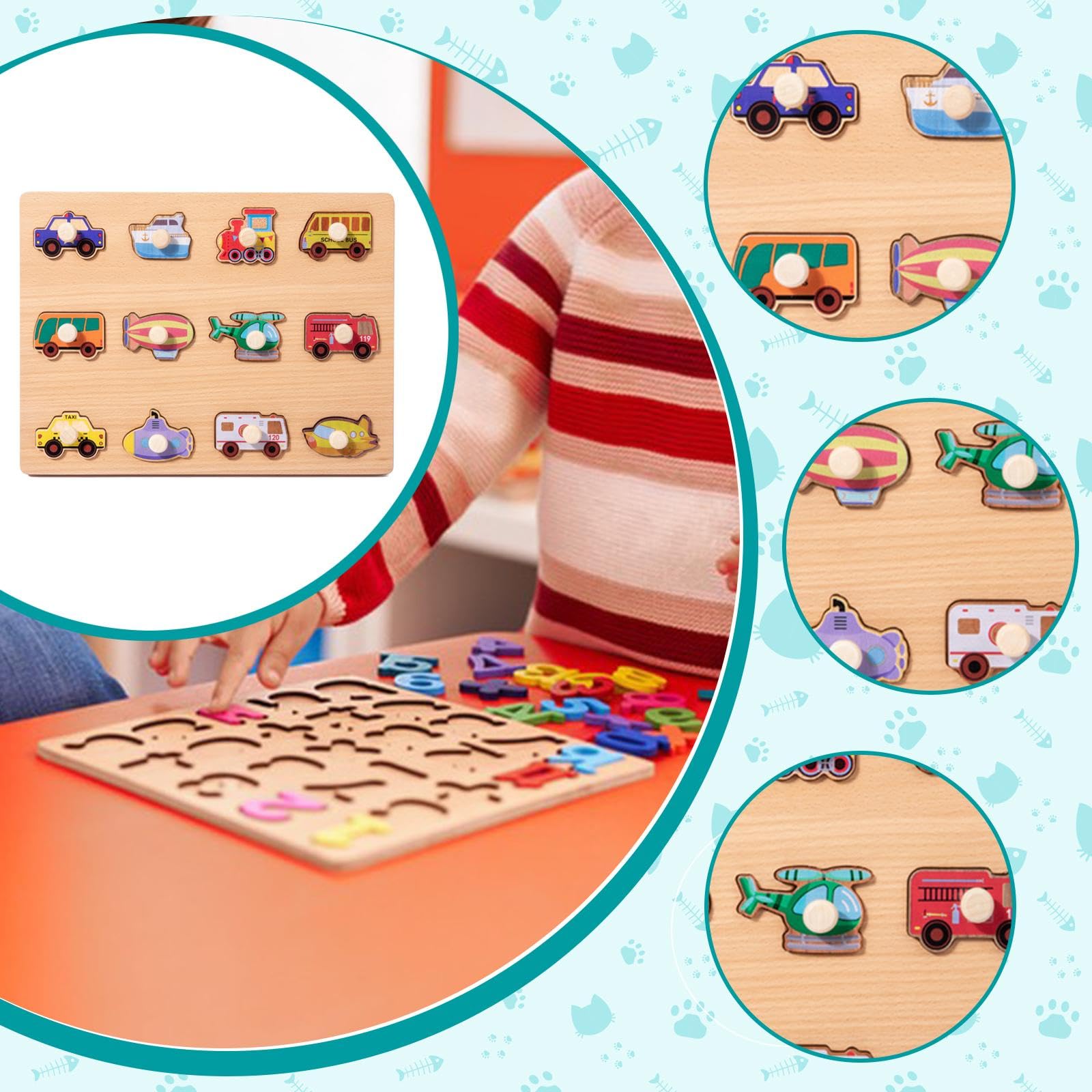 Puzzle di Apprendimento Gioco Abbinamento Forme Tavola Puzzle Bambini Legno Cartone Animato Puzzle Prescolare Creativo Incoraggia Immaginazione Adatto, Traffico