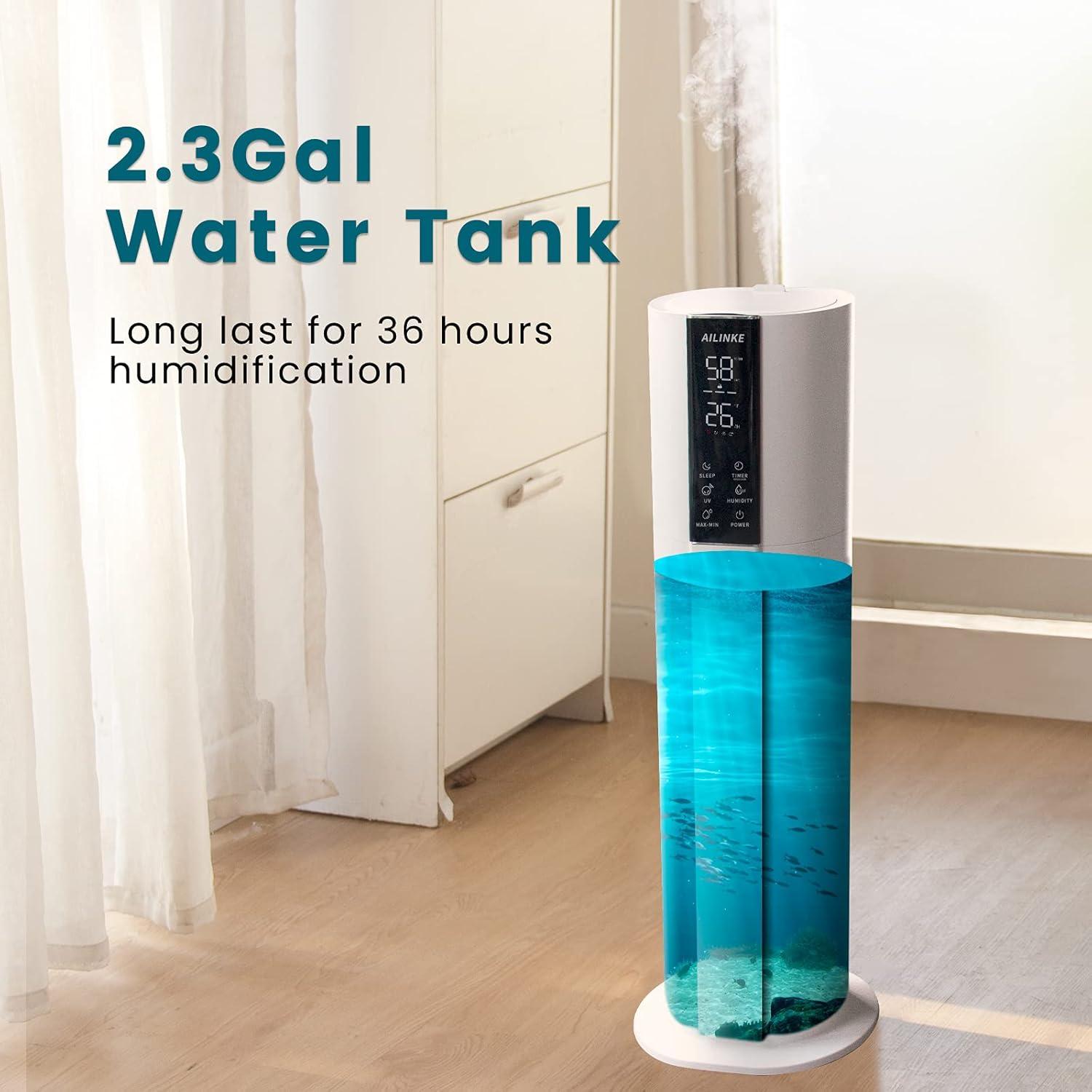 Visual representation of the AILINKE humidifier's 2.3 gallon water tank, indicating long-lasting humidification.