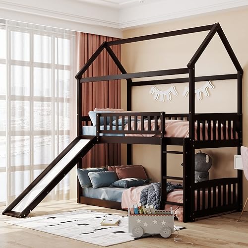 Twin Over Twin Wood Bunk Bed with Roof, Guardrail, Built-in Ladder, and Slide, Wood House Bed/Low Toddler Bunk Bed for Kids, Teens, Easy Assemble, No Box Soring Needed