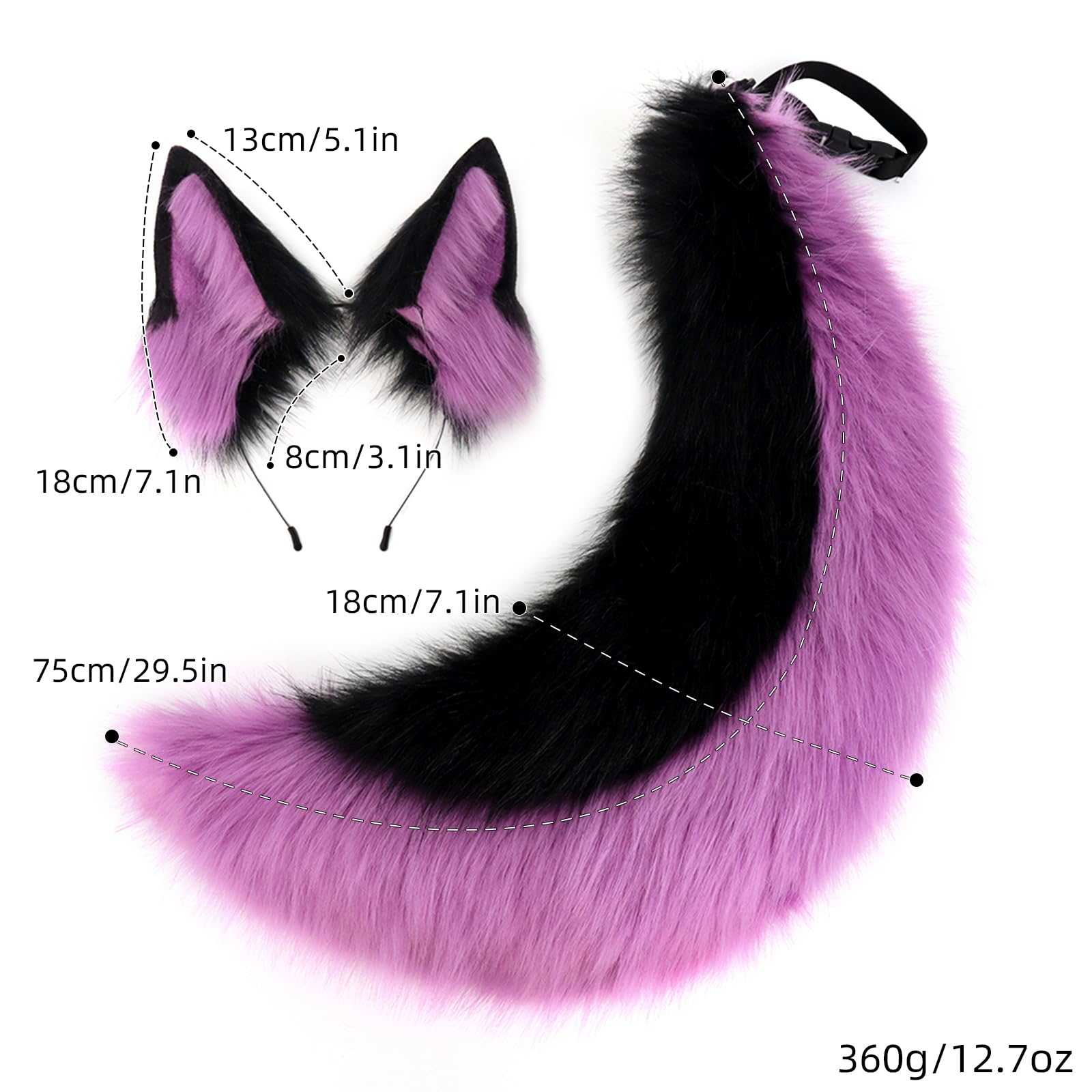 Faux Fur Wolf Ears Headband & Furry Tail Set Realistic Wolf Costume Accessories for Halloween, Cosplay,Parties: Medium Purpleblack