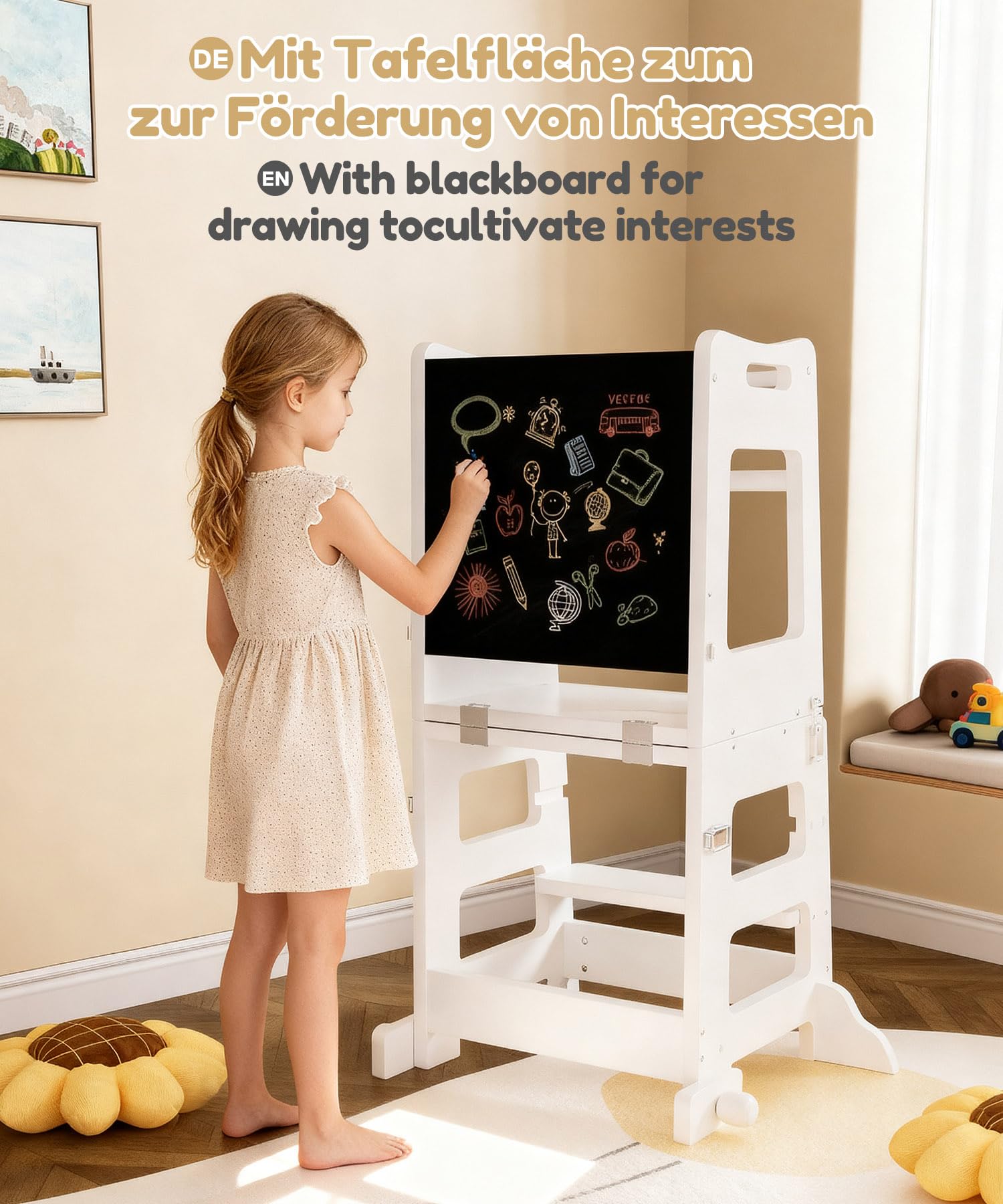 Yorbay 3 in 1 Lernturm ab 1 Jahr: Montessori Lernturm mit Tafel - Learning Tower für Kinder mit Sicherheitsfüßen - Der Tritthocker Verwandelbar in Kindertisch und Stuhl - für Küche Tisch Bad
