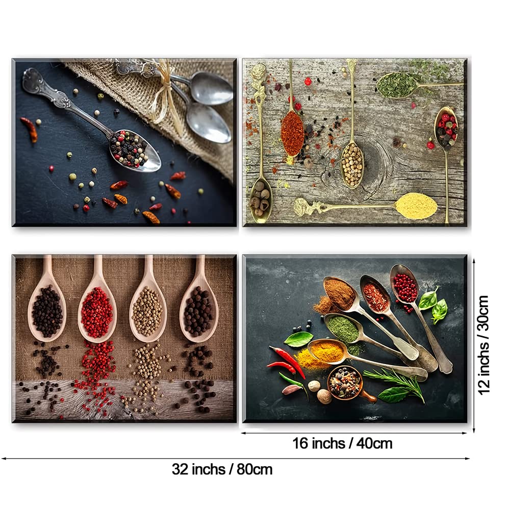 PIY PAINTING - Spice and Spoon Quadro su Tela Stampa su Tela, Decorazioni per parete cucina, con cornice in legno incorporata, 4 pezzi 40x30cm