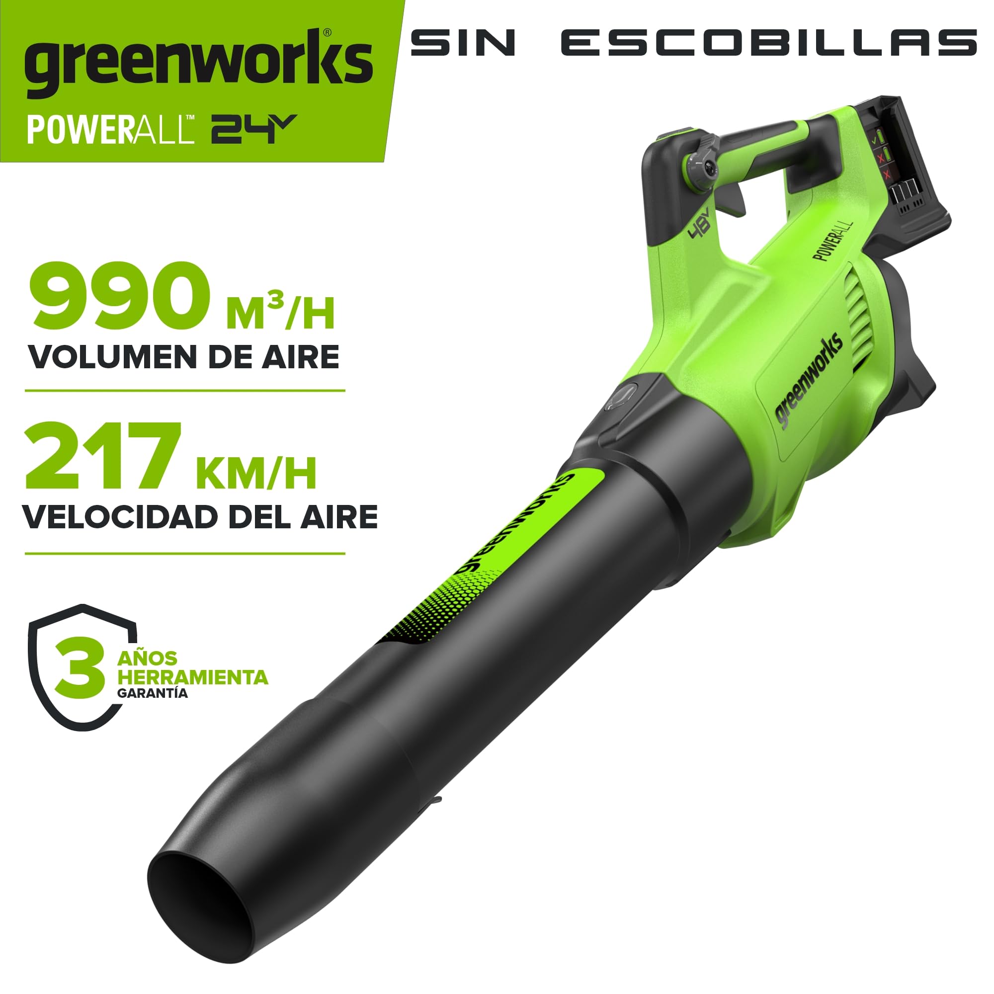 Greenworks 48V(24V x 2) Soplador de Hojas a Batería Axial, con Motor sin Escobillas, Función Turbo, 217 km/h, 16,4 m³/min SIN Dos de Las Baterías de y Cargador, Garantía de 3 Años BL48L00-01