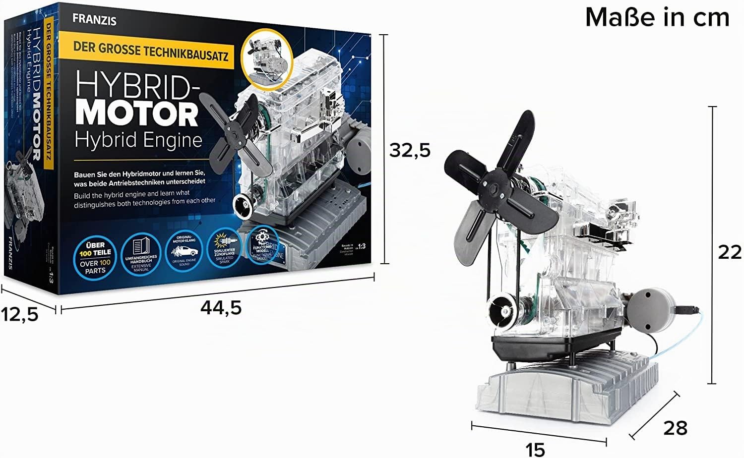 Franzis 67157-Der große Technikbausatz Hybridmotor, originalgetreuer Motorbausatz im Maßstab 1:3, inkl. Soundmodul und 86-seitigem Begleitbuch, Transparent, Mehrfarbig