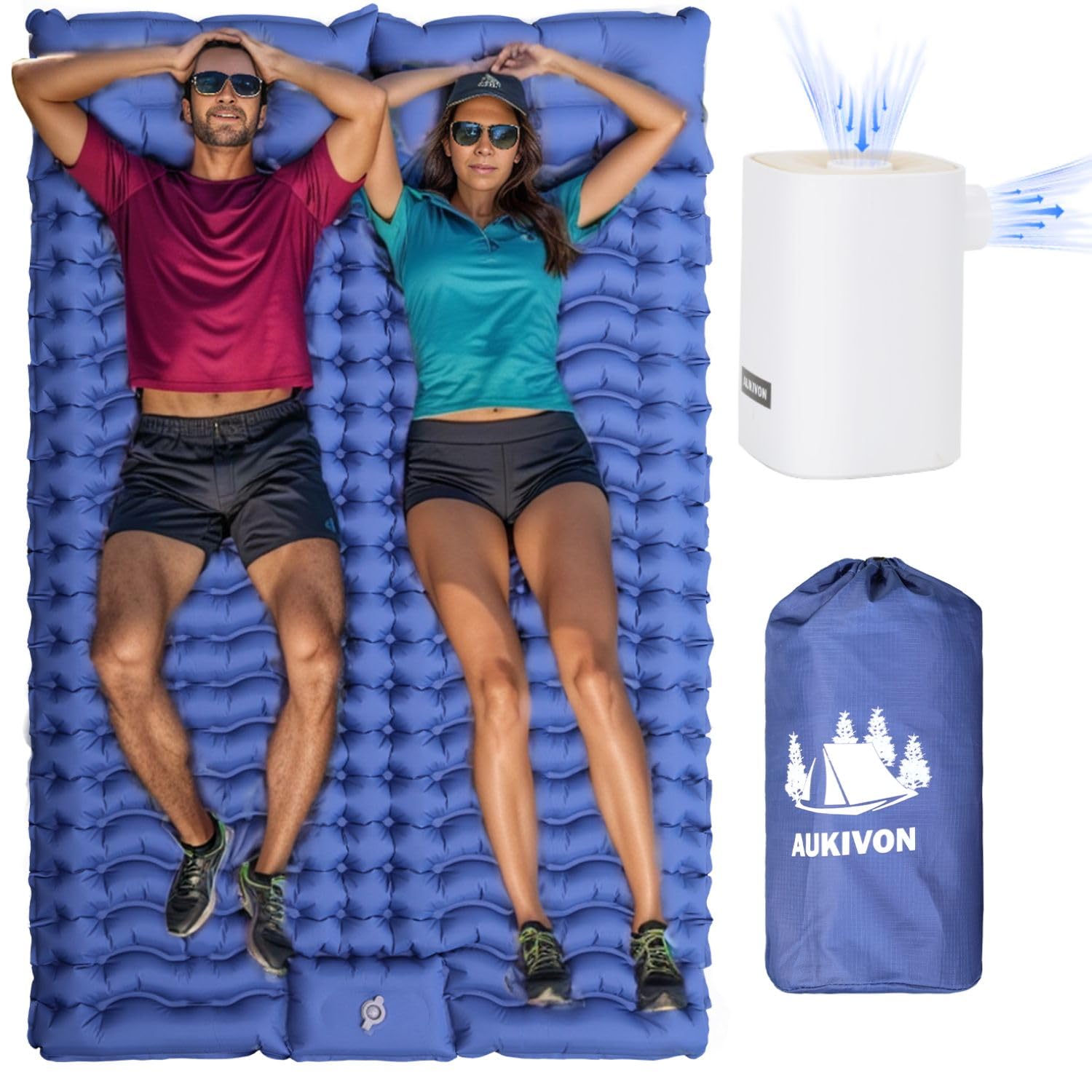 Amazon.com : Aukivon Double Sleeping Pad for Camping with Mini Electric  Pump Full Size Sleeping Pad for Camping 2 Person, 4'' Extra Thickness  Camping Mattress Pad, 45s Fast Inflation, 75''x55'', Blue :