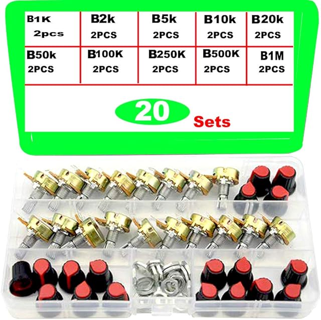 RUNCCI-YUN 20Pcs Linear Taper Rotary Potentiometer, 3 Terminal Single Linear Potentiometer Pot ReplacementsB1K B2K B5K B10K B20K B50K B100K B250K B500K B1M WH148 3Pin 15mm Shaft with Nut and Washer