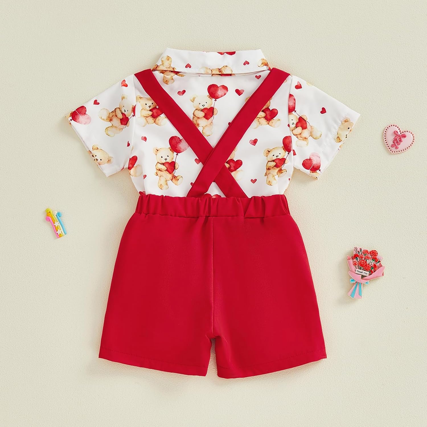 Baby Boy Valentines Day Outfit Love Heart Short Sleeve Button Down Shirt Romper Suspender Shorts Set 2 Piece Clothes - Image 7