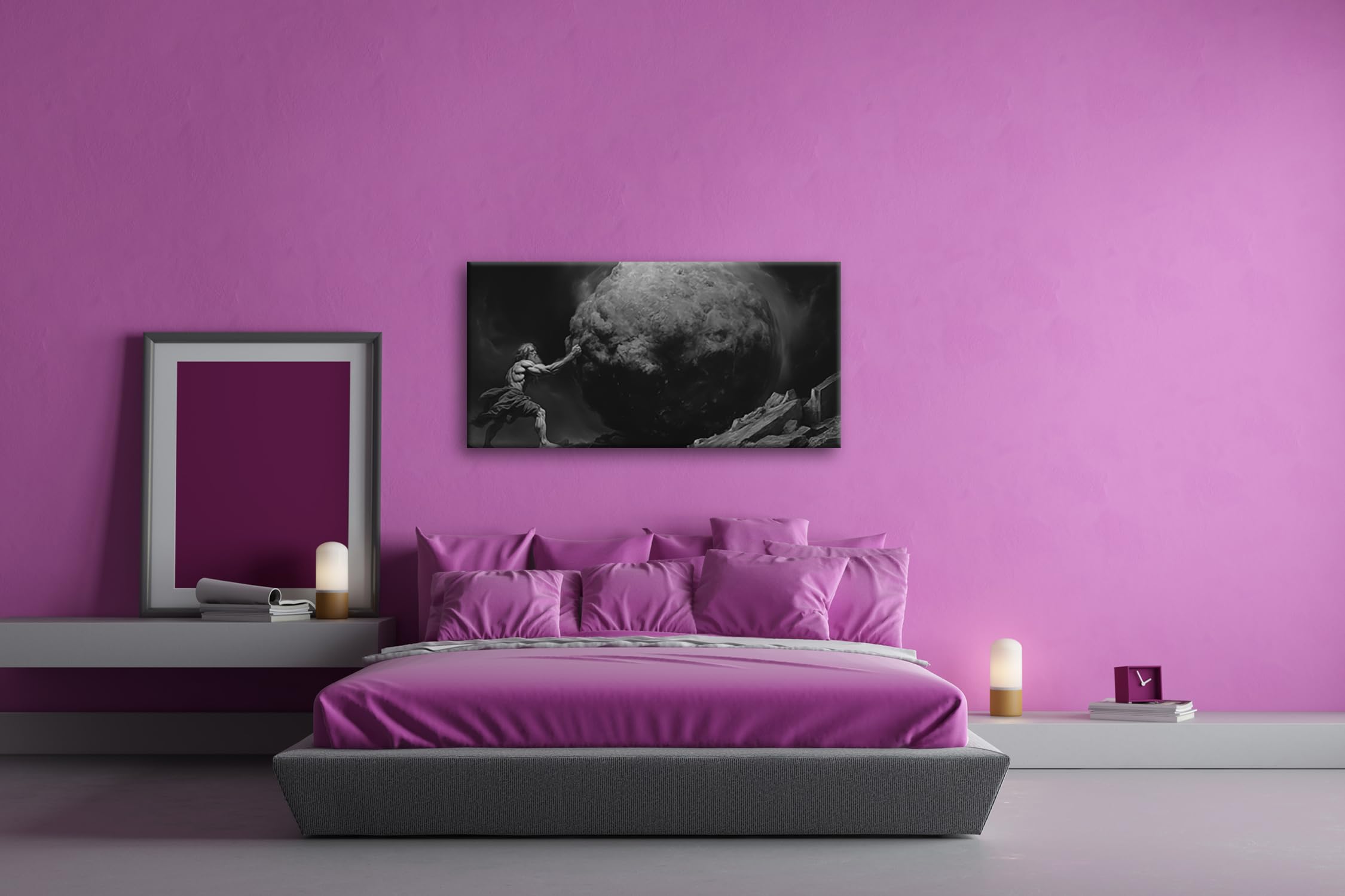 Leinwandbild Sisyphos’ Kampf – der Berg als endlose Prüfung. Panorama 120x60cm Effekt: Schwarz&Weiß XXL Kunstdruck Bild auf Keilrahmen/Wandbild/Wohnzimmer Dekoration