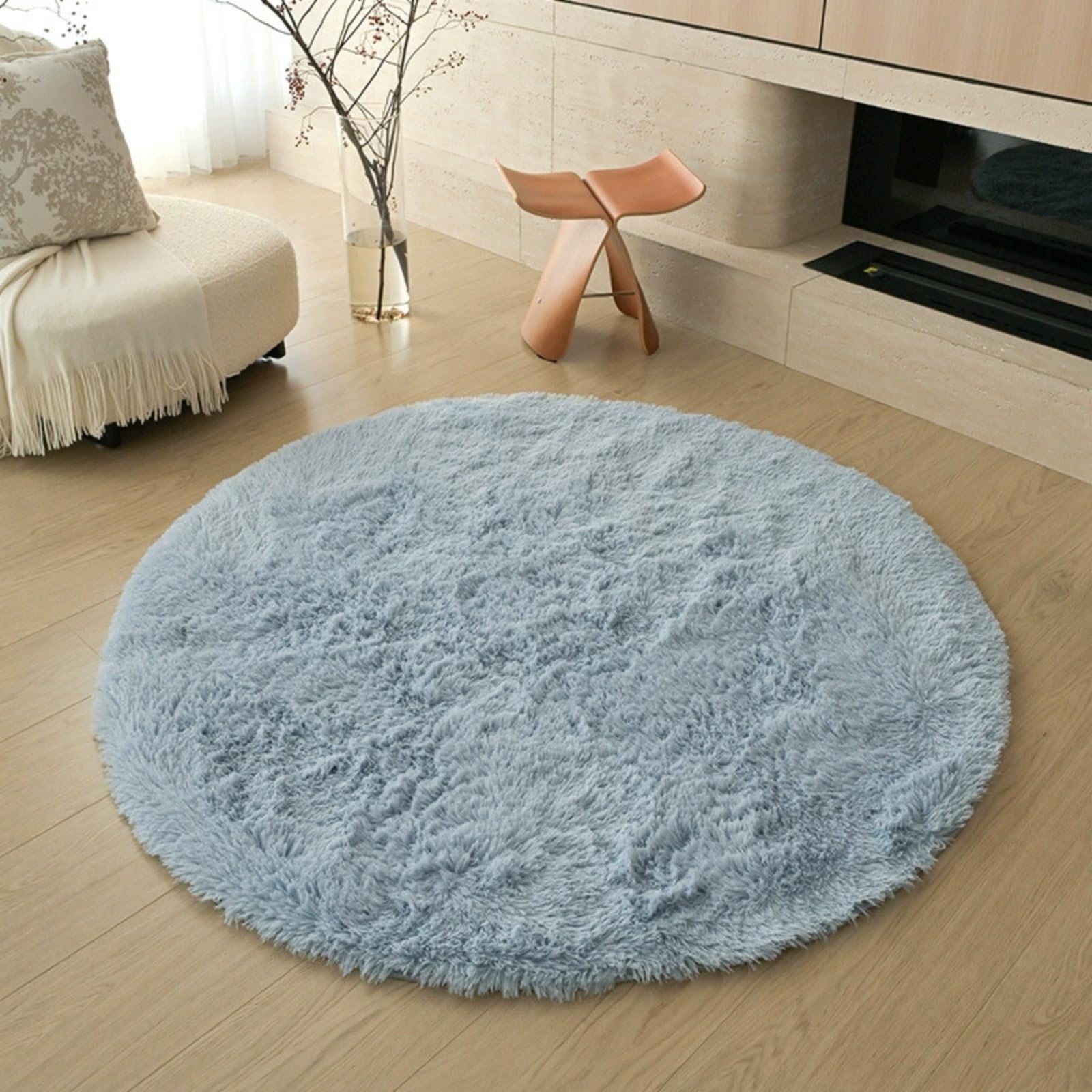 Hearda Fluffy Round Rugs Living Room, Shaggy Rugs for Bedrooms Soft Thick Pile Plush Floor Mat with Non Slip Bottom Modern Kids Carpet Play Mat for Bedside Kids Room (Light Blue D,120cm)