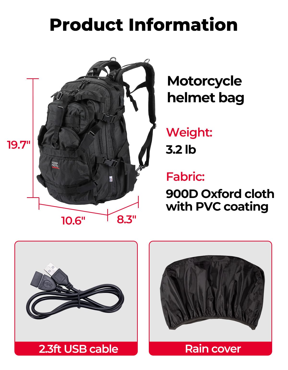 KEMIMOTO - Mochila para Casco de Motocicleta, Bolsa de Casco de 37L de Gran Capacidad con Puerto de Carga USB, Mochila de Conducción y Desplazamiento para Hombres