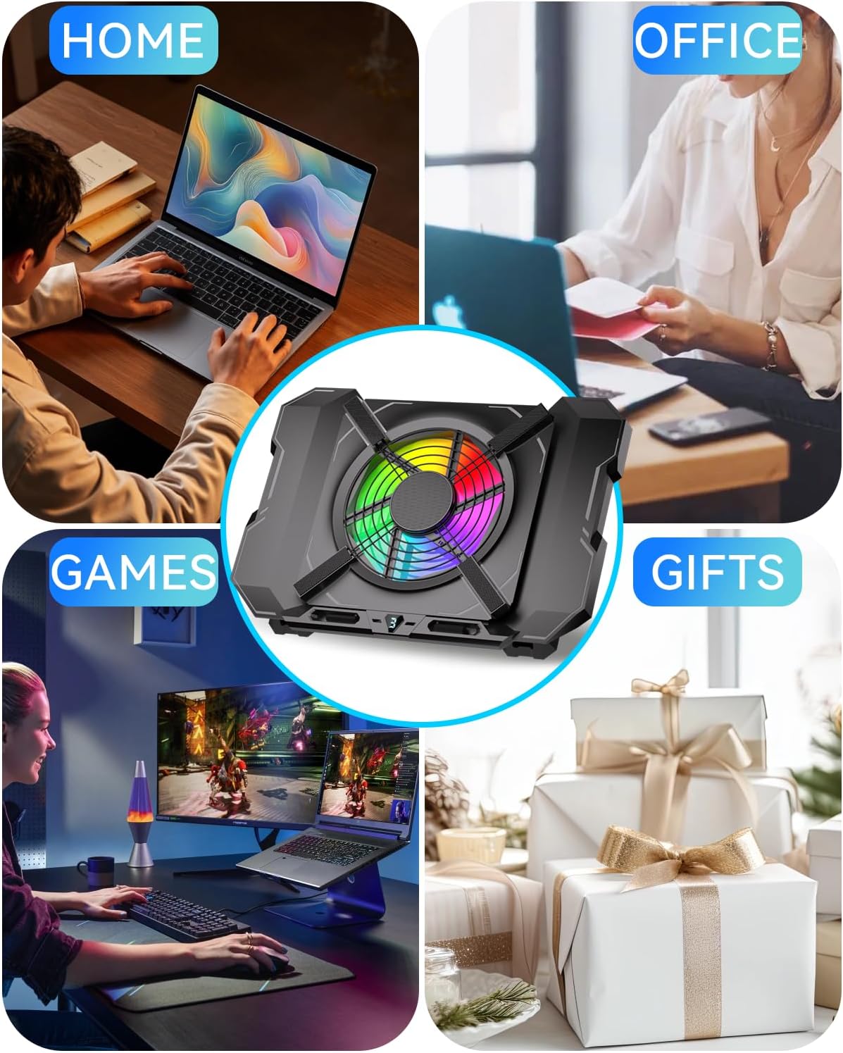 Laptop Cooling Pad, Gaming Laptop Cooler with 7.1 Inch Powerful Fan, RGB Lights & 3-Speed Fan Control & LCD Diamond Design, Height Adjustable Quiet Laptop Cooling Stand for 12"-21" Laptops etc