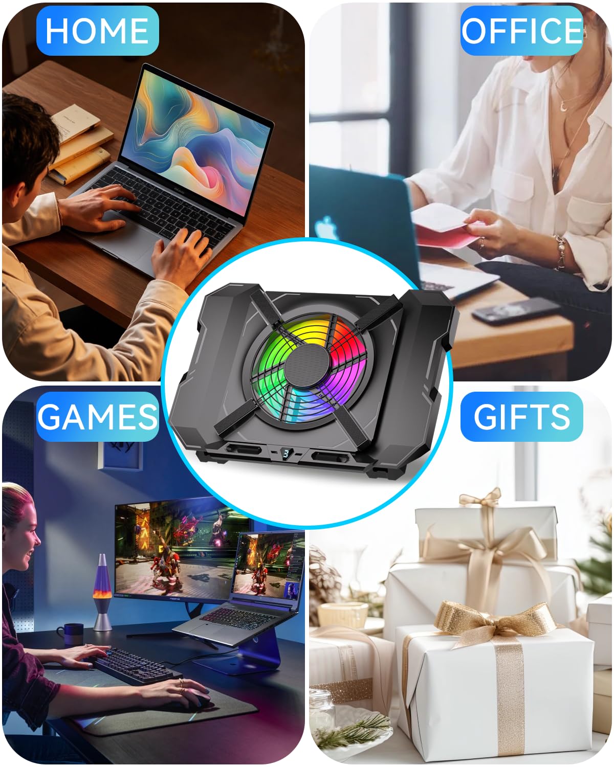 Laptop-Kühlkissen, Gaming-Laptop-Kühler mit 18,8 cm (7,1 Zoll) leistungsstarkem Lüfter, RGB-Lichtern & 3-Gang-Lüftersteuerung & LCD-Diamant-Design, höhenverstellbar, leiser Laptop-Kühlständer