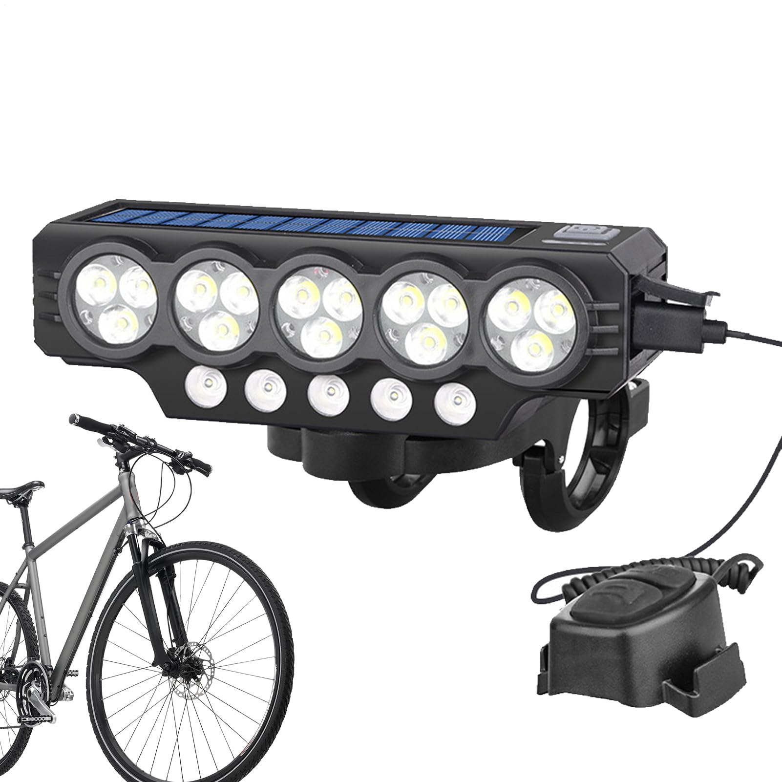 Eoixuqba Bike Headlight,Solar Powered Bike Front Light - Super Bright Flashlight with Horn USB Rechargeable for Mountain Electric Scooter Cycling Night Riding Commuting