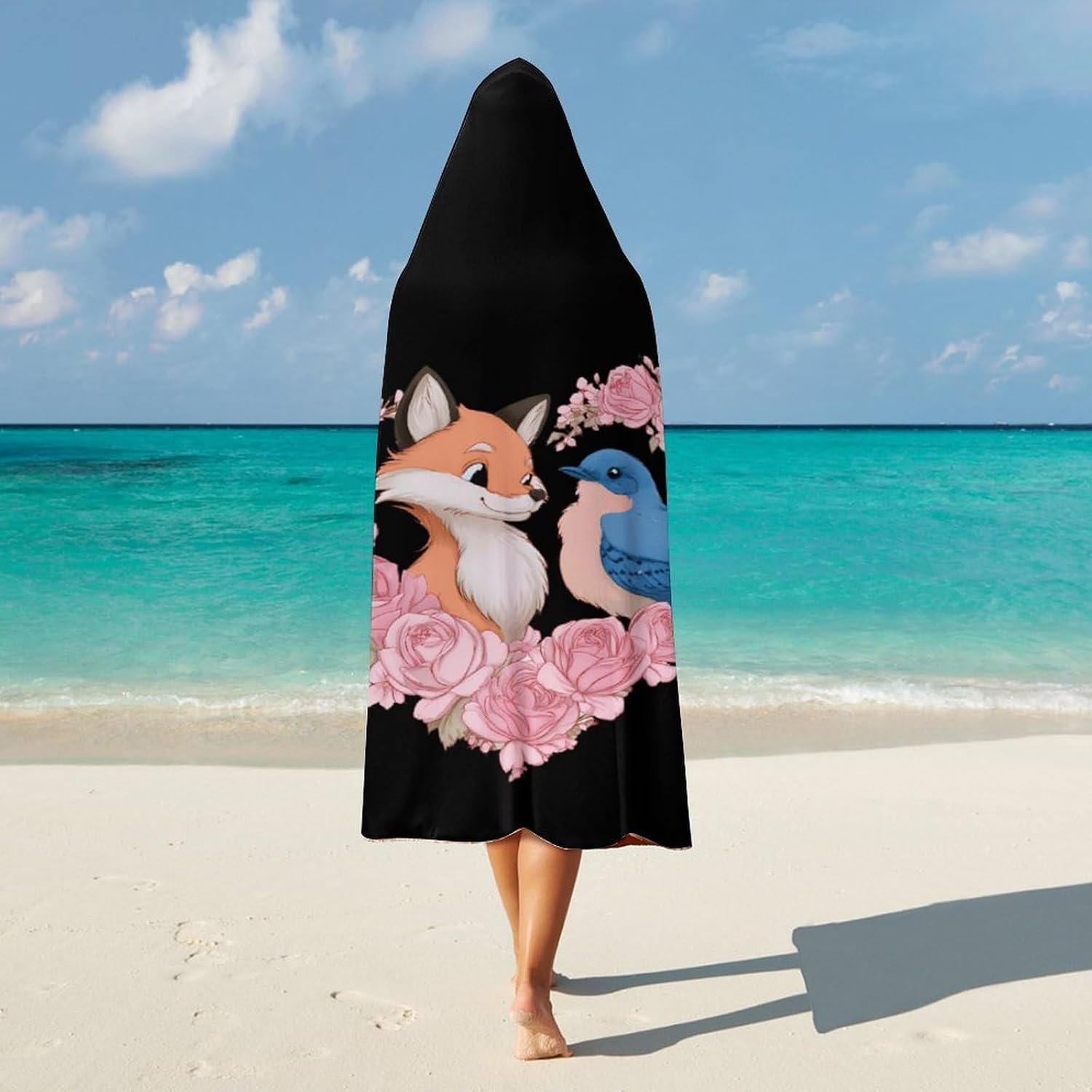 Foxes Rose Cute Bird Wearable Blanket Oversized Throw Cape | Cozy Hooded Blanket Gifts for Women Men