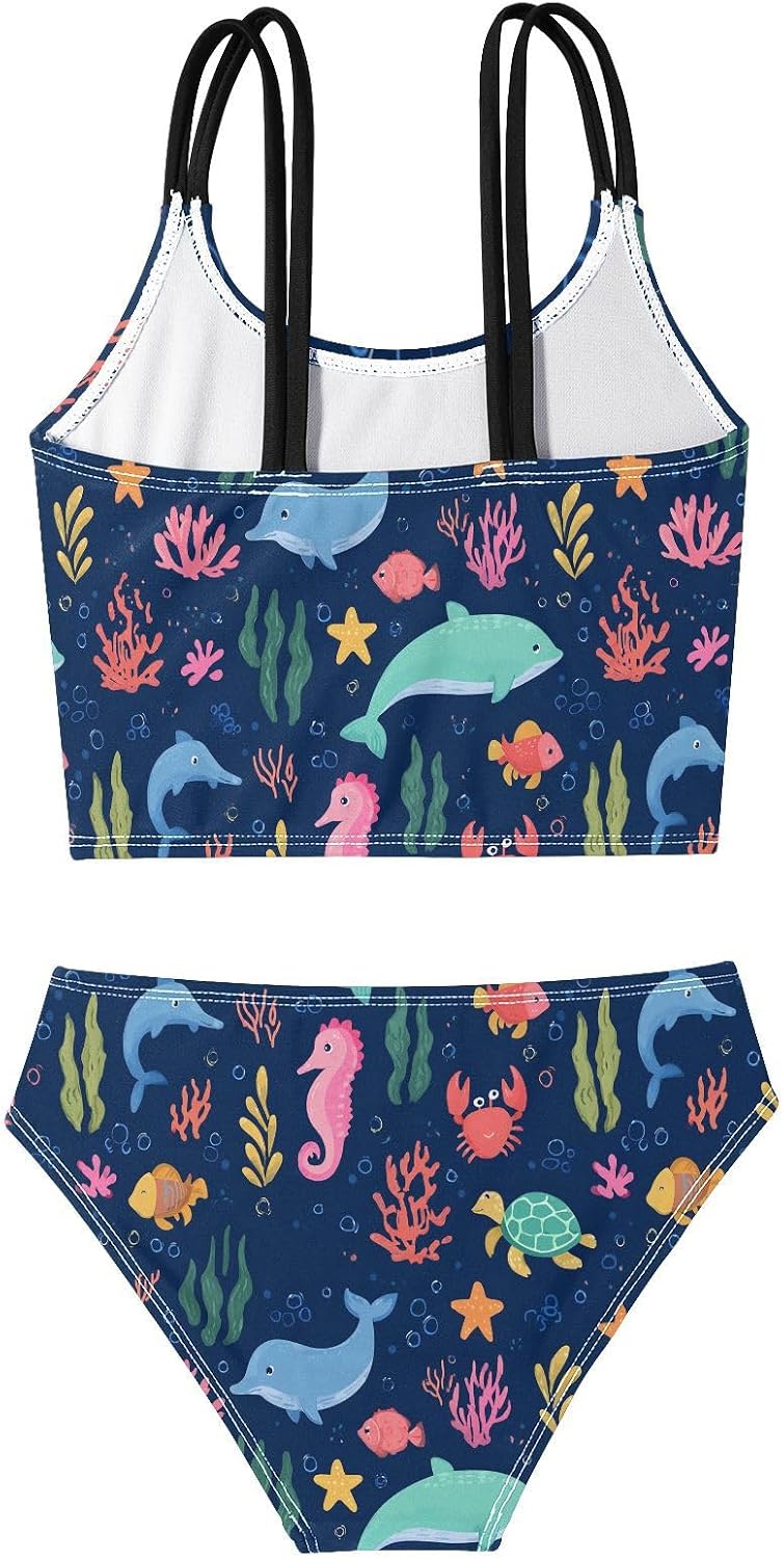 visesunny Girls Two Piece Swimsuits Blue Sea Animals Girl's Bikini Sets Bathing Suits for Girls Size 5-12Y