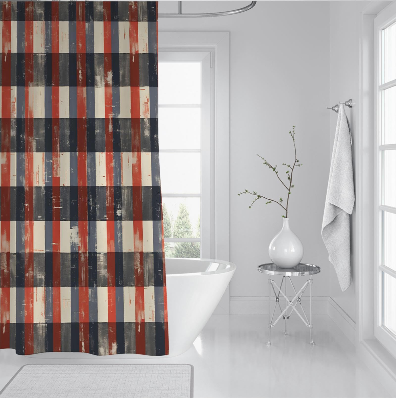 Géométrie rétro Rideau Douche Doublure Carreaux Rayures Salle Bain Cloison Rideau Décor Salle d’Eau avec Crochets Tissu Polyester imperméable 180 x 200 cm