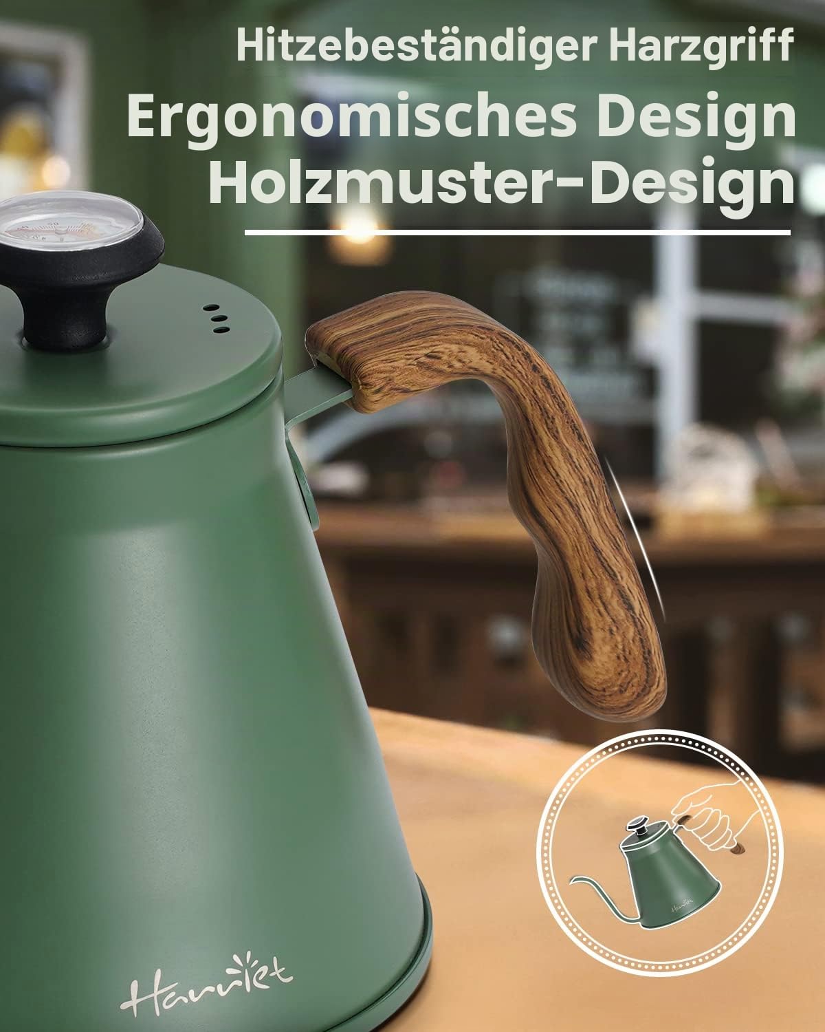 Harriet Schwanenhals-Wasserkocher, 1048.9 g Pour Over Wasserkocher für Herd, Kaffeekessel mit Thermometer, Edelstahlkessel mit 3-lagigem Boden, Anti-Heiß-Griff, für Tropfkaffee und Tee, Grün