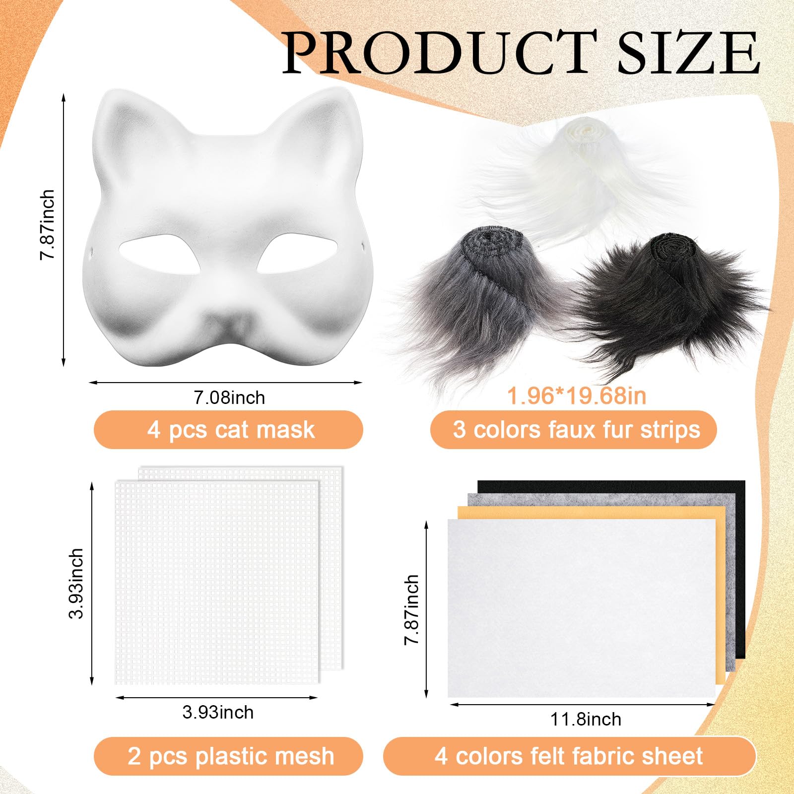 Seenelling 13 Pcs DIY Therian Mask Kit Blank Cat Mask with Felt Fabric Sheet Plush Faux Fur Eye Mesh for Therian Gear Stuff (Dark Color)