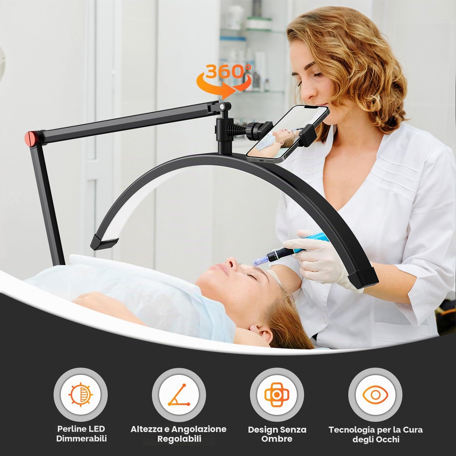 Andoer Lampada per ciglia a mezzaluna, 3200-5600 K, dimmabile, pavimento con supporto luminoso e telefonico, telecomando per trucco, estensioni ciglia, fotografia