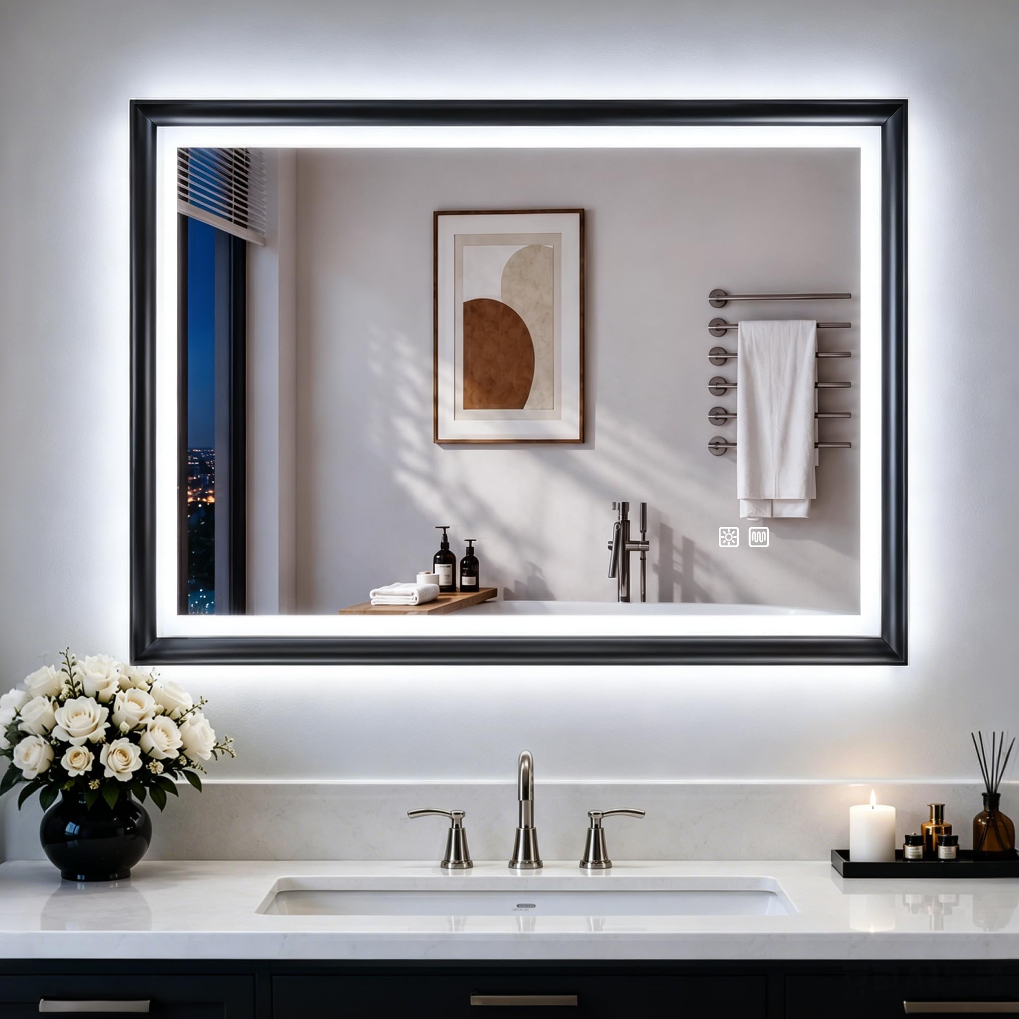S'bagno Badspiegel mit Beleuchtung 70x50cm, Schwarzer Rahmen | LED Badezimmerspiegel mit Anti-Beschlag, 3 Farben, Dimmbar, Memory, ESG-Glas, CRI>90, IP44, Horizontal/Vertikal