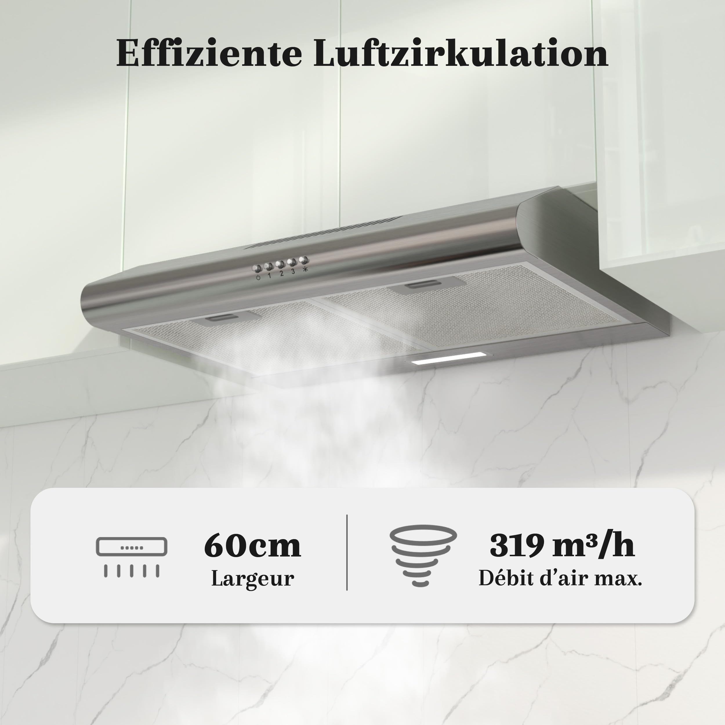 FIREGAS Hotte Aspirante 60cm Classe A++, Moteur Brushless Ultra Silencieuse 46dB, Débit 319m³/h, Hotte Cuisine Inox avec Filtre à Charbon, Évacuation Top/Arrière ou Recyclage, Argenté