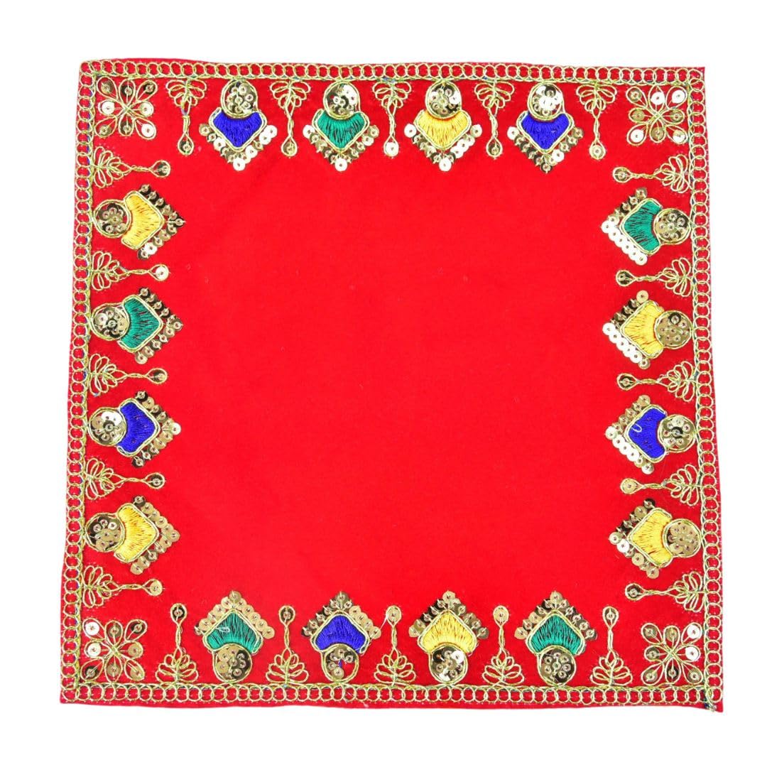 Bijasan craft Small Size Embroidered Red Velvet Embroidery Work 10×10 Inches God Idol Seating Pooja Mat/Aasan Cloth for Mandir Use-image-19