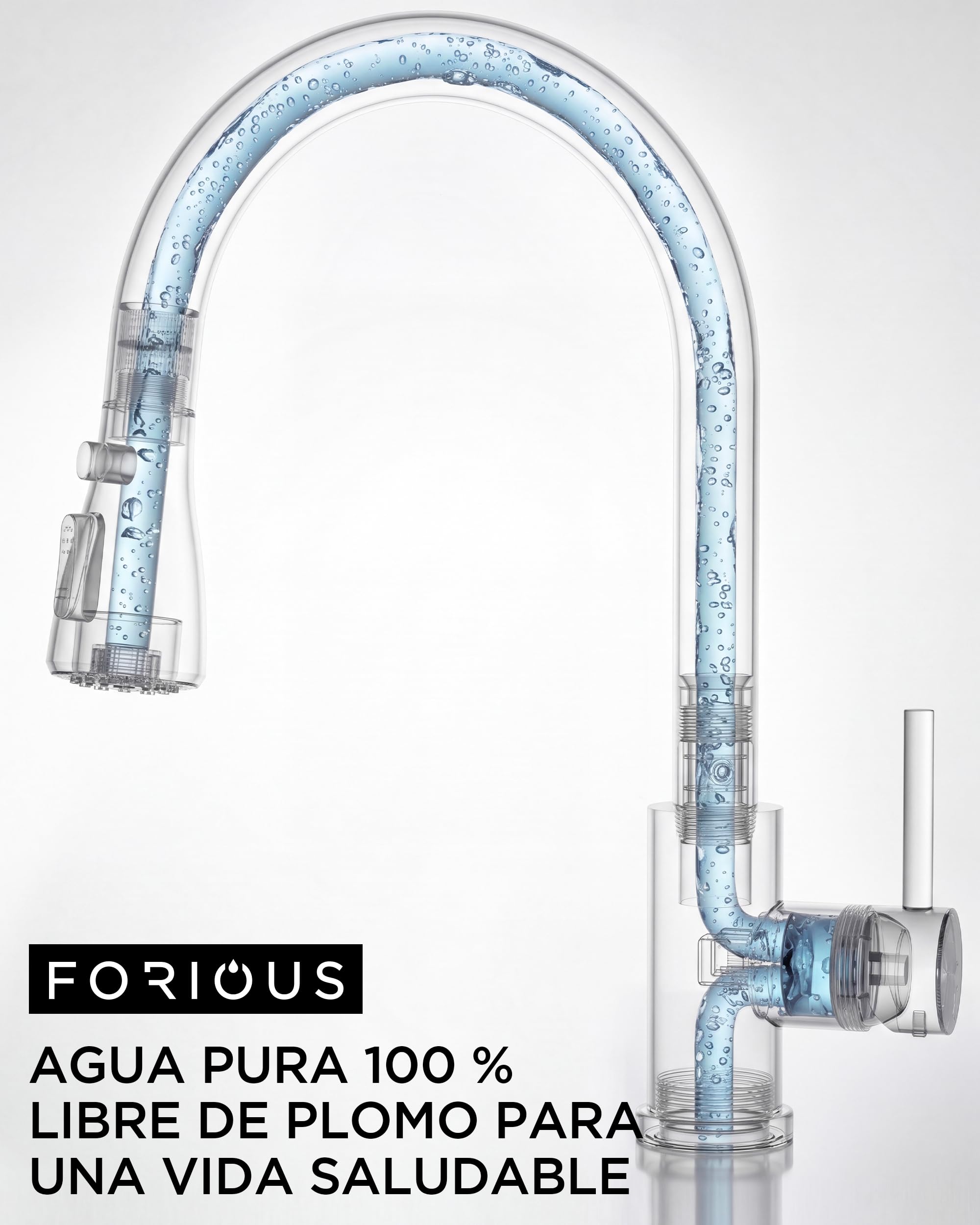 FORIOUS Grifo Cocina Extraíble Baja Presión, 2 Modos de Agua, Grifo Cocina Fregadero con 3 Conexiones para Calentador o Bajo Fregadero, Giro 360°, Acero Inoxidable, Palanca